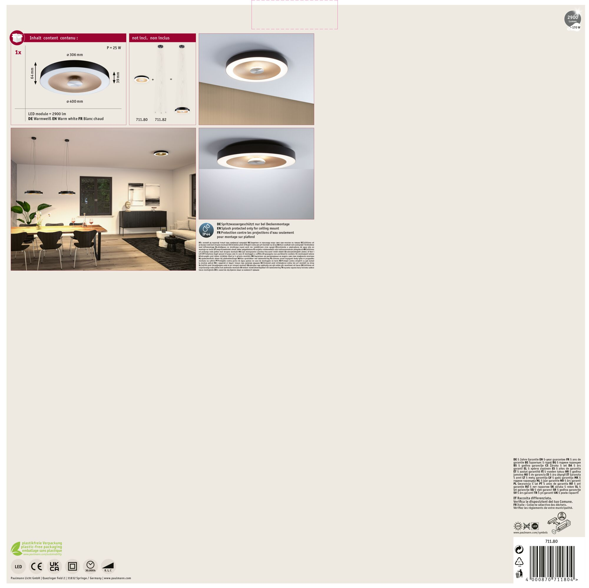 Widoczna lampa sufitowa z czarnym pierścieniem i drewnianym środkiem, pokazująca wymiary.