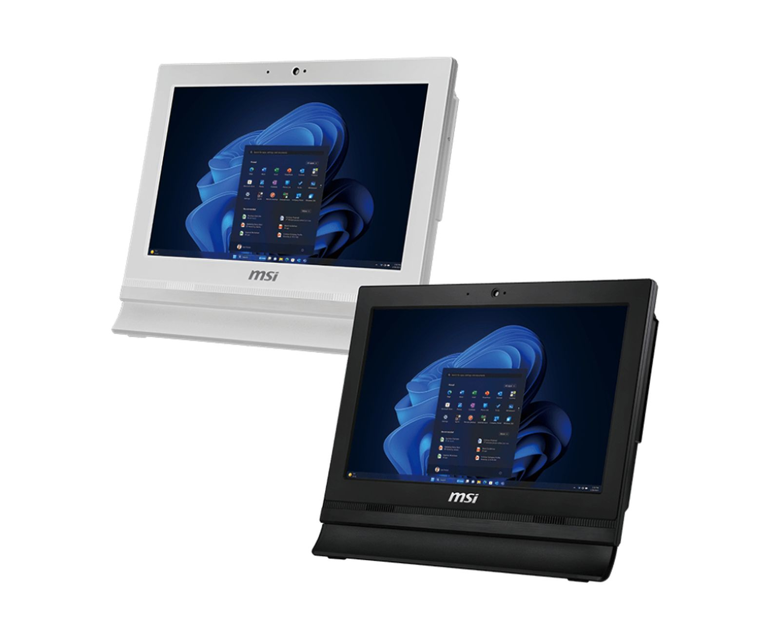 Dwa komputery All-in-One MSI. Jeden biały, jeden czarny. Oba pokazują pulpit Windows z niebieskim abstrakcyjnym tłem.
