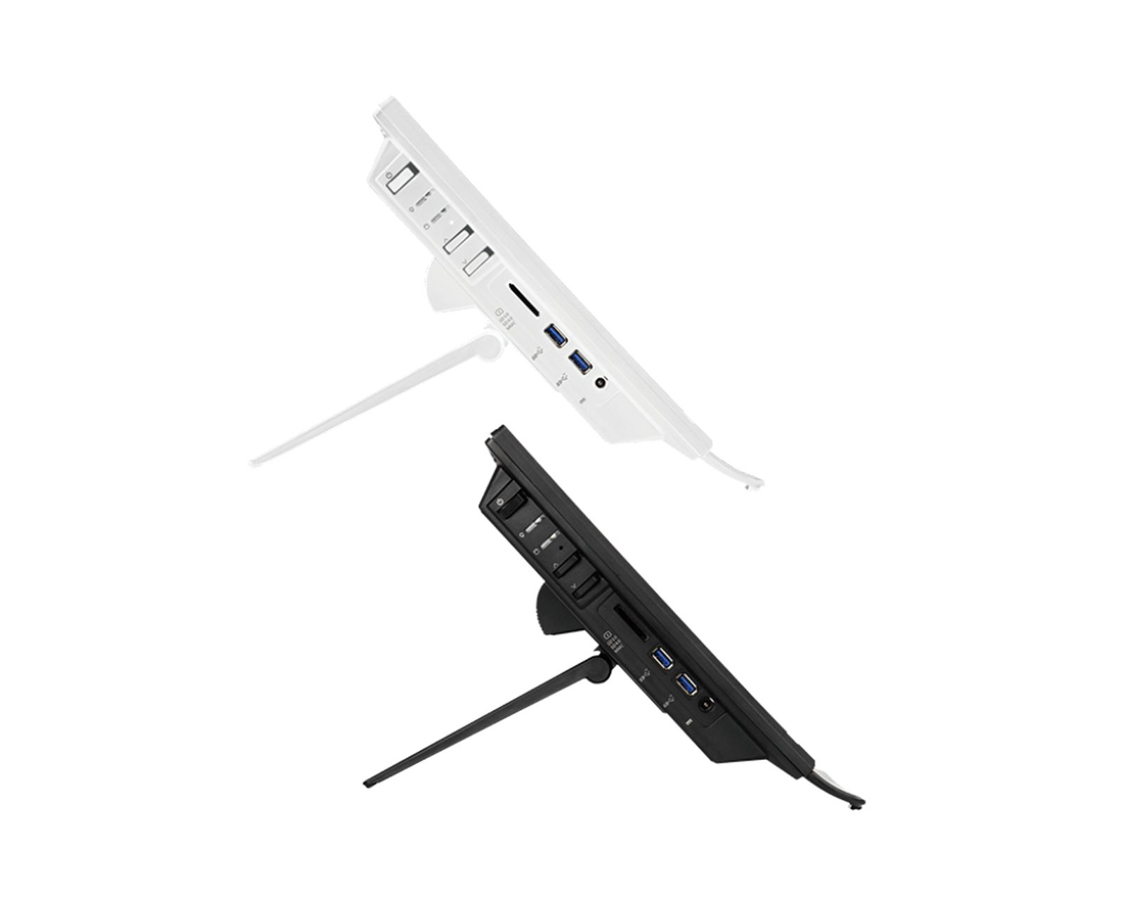 Dwa wyświetlacze komputerowe, jeden biały i jeden czarny, są ustawione pod kątem na białym tle. Każdy ma podstawkę i porty.