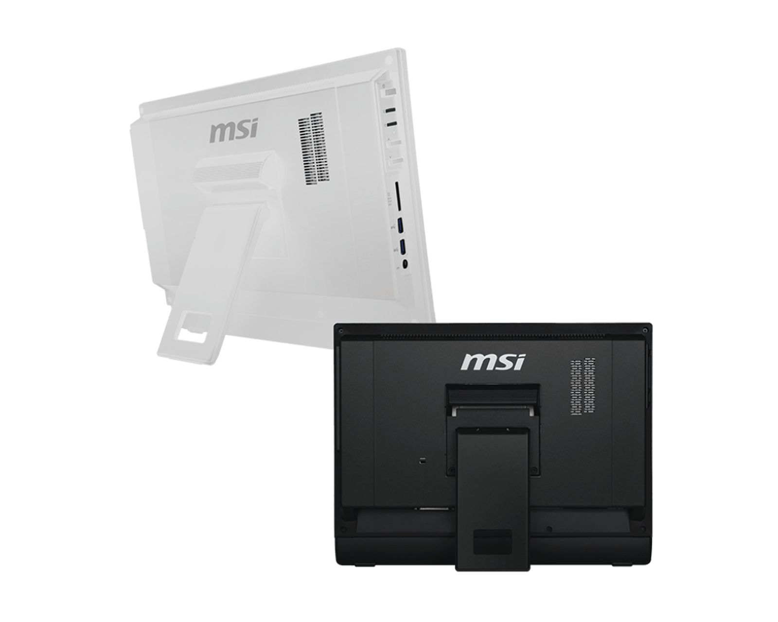 Dwa komputery All-in-One MSI. Jeden biały, widok z tyłu. Jeden czarny, widok z przodu. Oba mają logo MSI.
