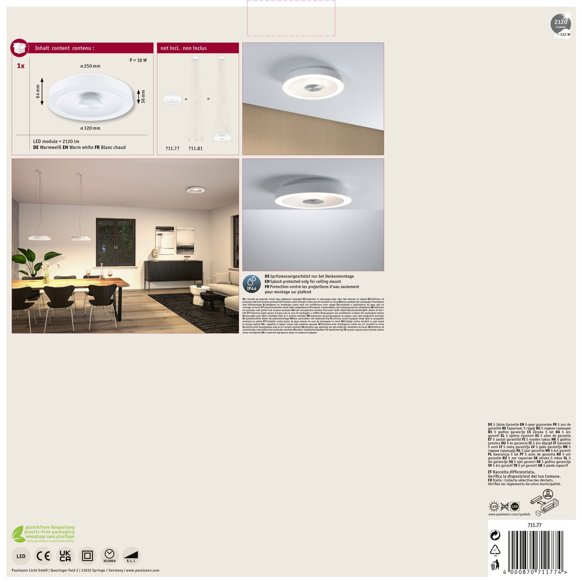 Opakowanie produktu z lampą sufitową, wymiarami i szczegółami technicznymi.