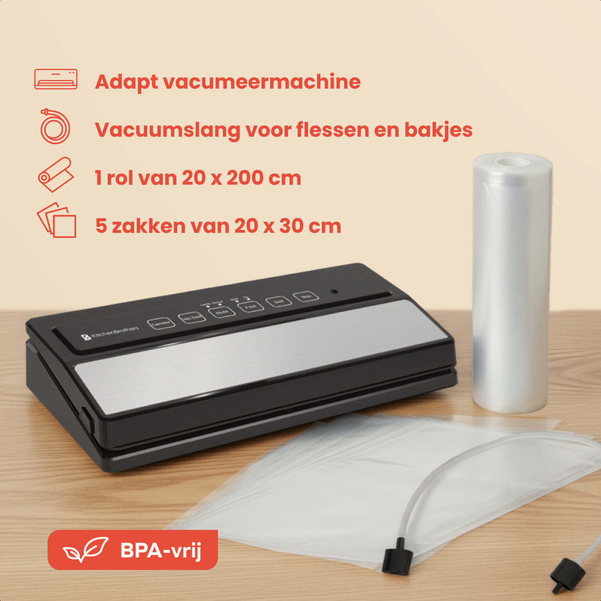 A vacuum sealing machine with accessories, including a roll of bags, a vacuum hose, and plastic bags, on a wooden surface.