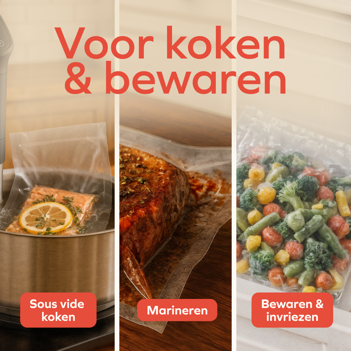 Image shows three food preparation methods: sous vide cooking, marinating, and freezing vegetables. Each is in a clear bag or container.