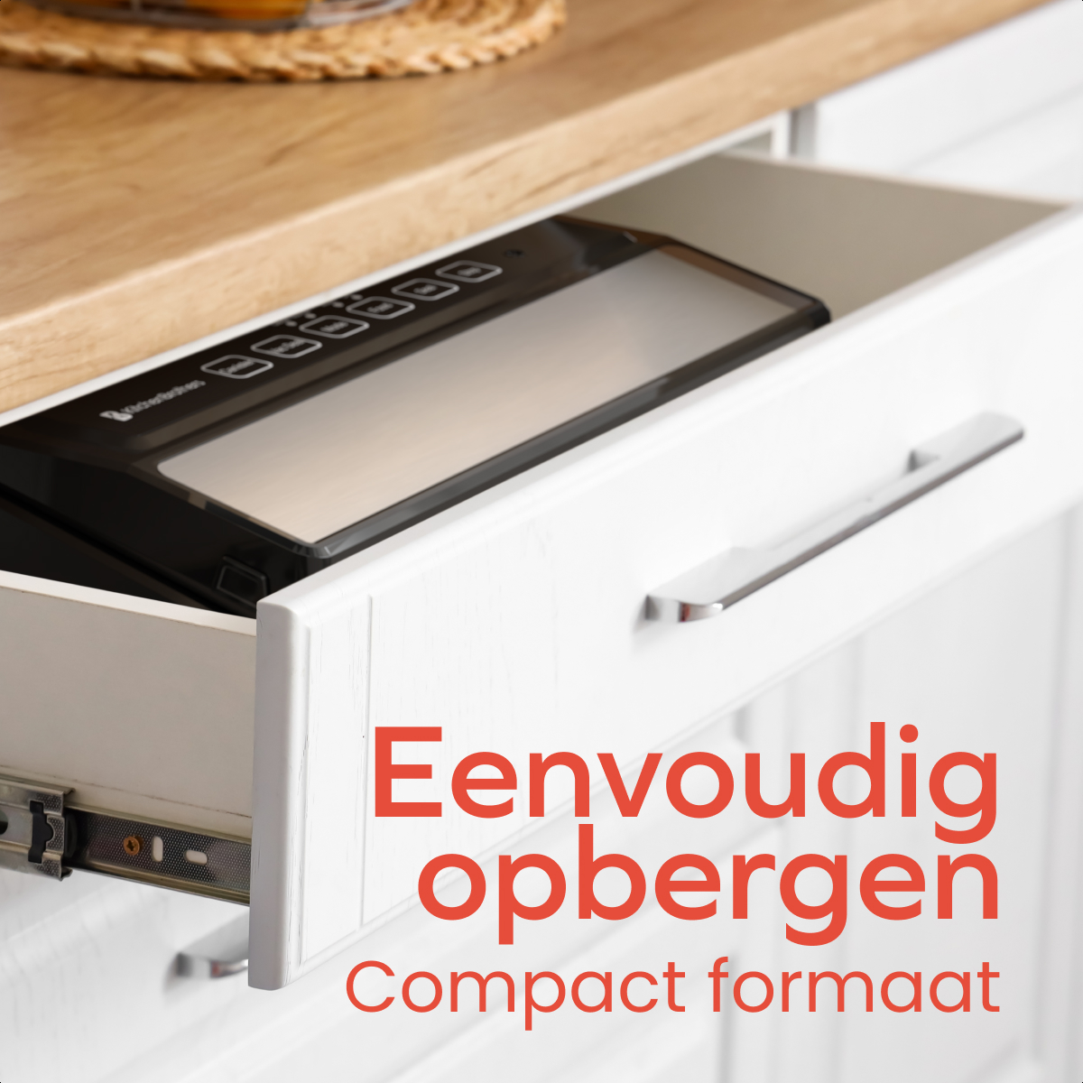 A drawer is open, revealing a black and silver vacuum sealer. Text says 'Easy Storage' and 'Compact size'.
