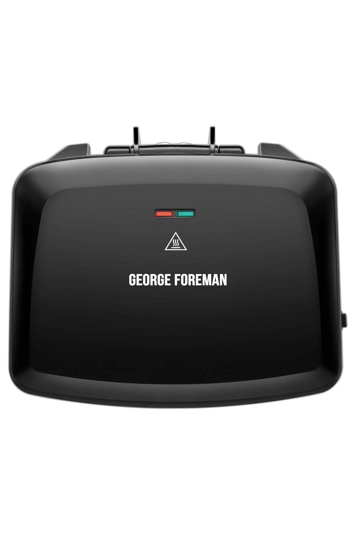 Ön yüzünde kırmızı ve yeşil ışıklar ve logosu bulunan siyah bir George Foreman ızgarası. Parlak bir yüzeye sahip.