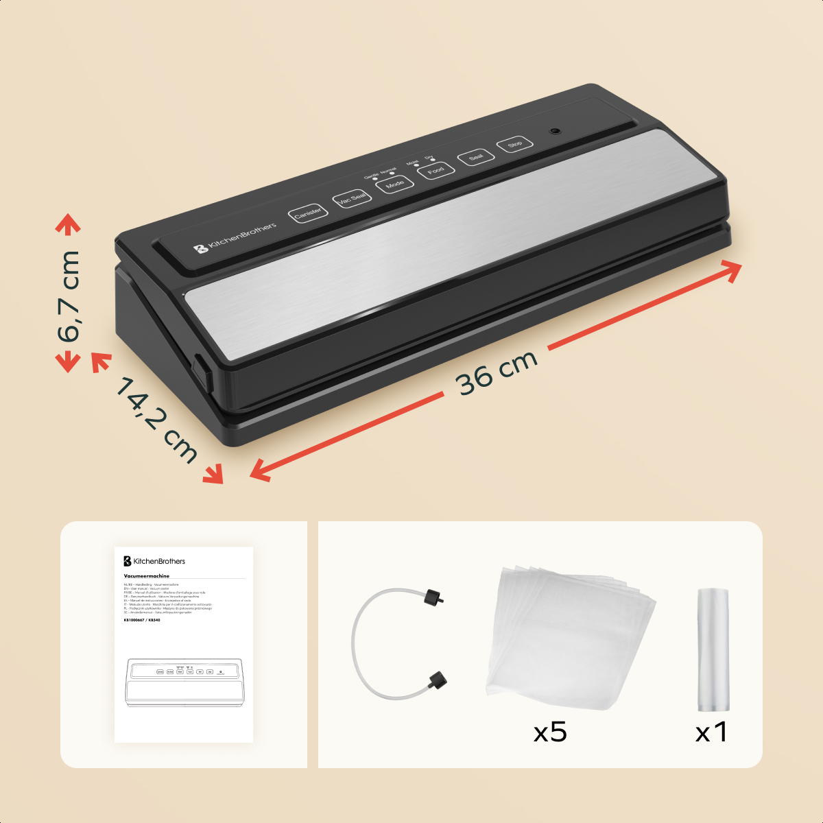 A black KitchenBrothers vacuum sealer with accessories, including bags, a hose, and a manual, with dimensions marked.