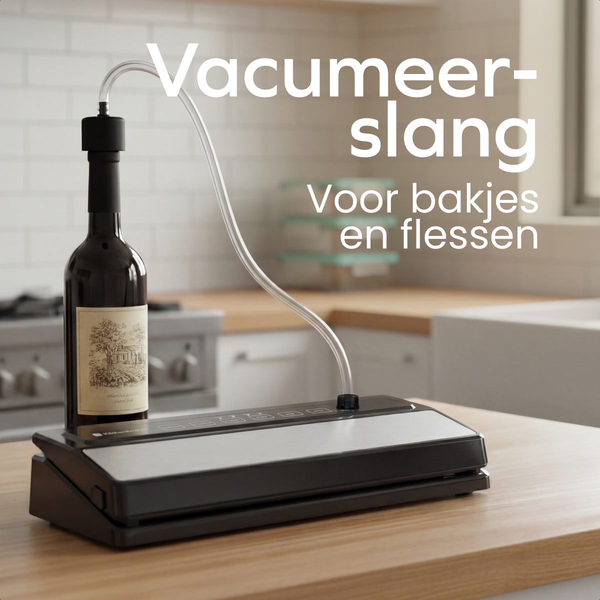 A wine bottle connected by a tube to a black vacuum sealer on a wooden table. Text in white reads 'Vacumeerslang'.