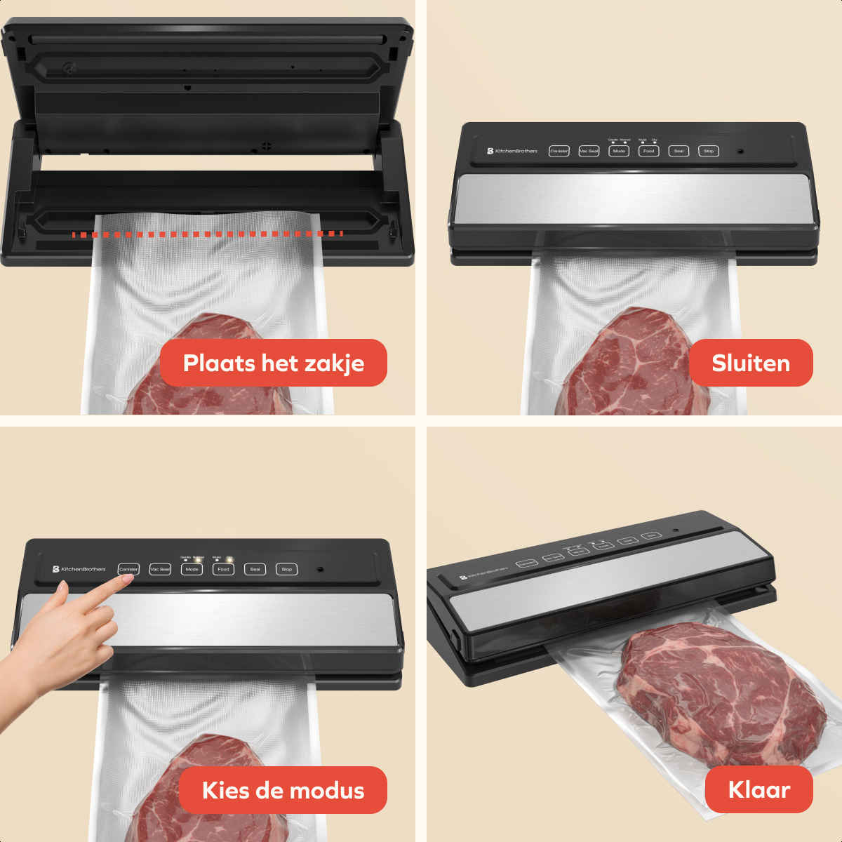 Steps of vacuum sealing: placing the bag, closing it, choosing mode, and finalizing the sealing process with the meat inside.