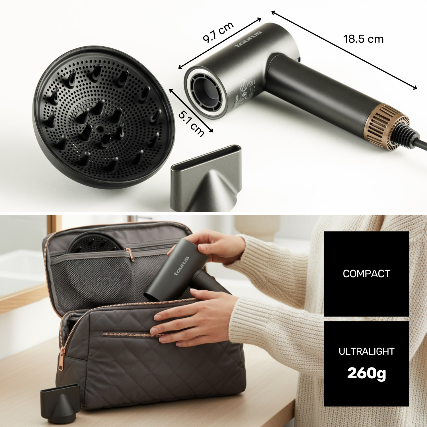 Un secador de pelo con accesorios sobre una superficie blanca. Una persona mete el secador en una bolsa de viaje gris. Texto: Compacto, Ultraligero 260g.