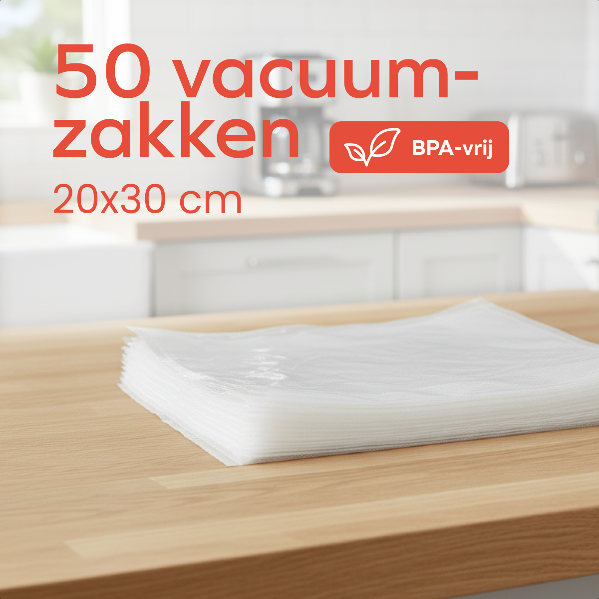 A stack of clear vacuum bags sits on a wooden surface. Text on top says '50 vacuum bags, 20x30 cm, BPA-free'.
