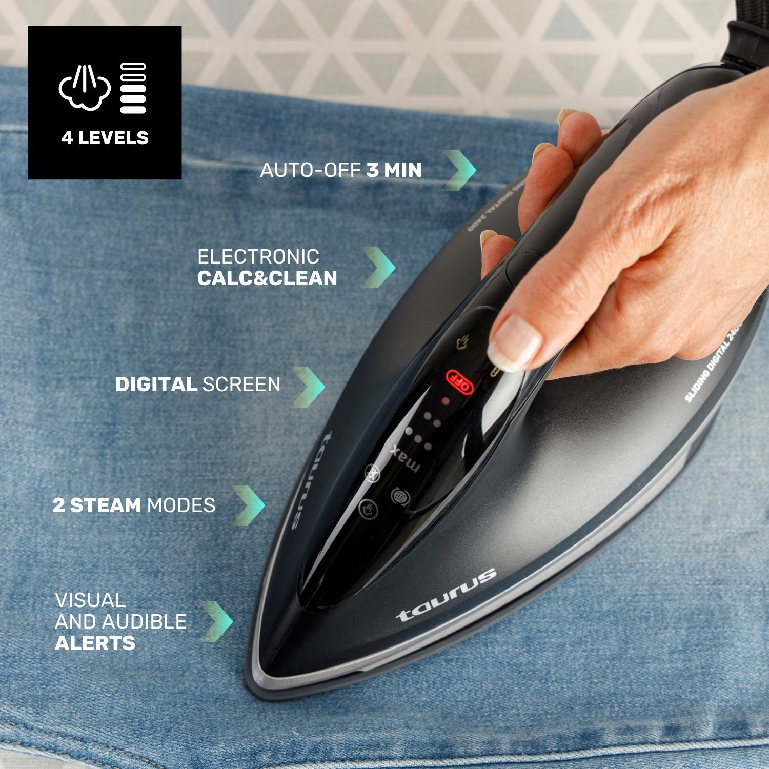 Un ferro da stiro nero su jeans blu. Una mano tiene il ferro. Le etichette mostrano: modalità vapore, spegnimento automatico, schermo digitale.