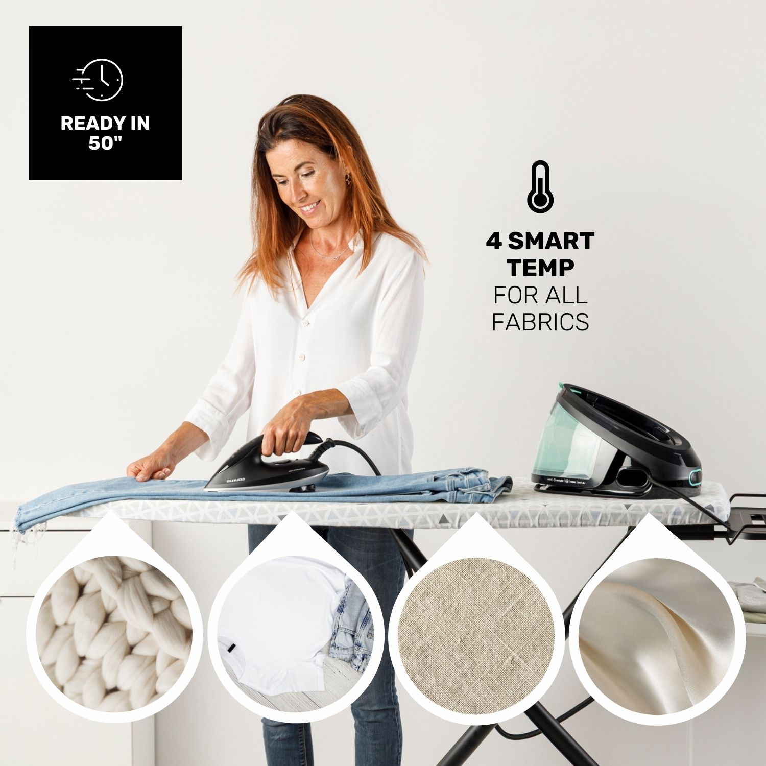 Una donna che stira jeans con un ferro nero su un'asse da stiro. Include 'Ready in 50"' e '4 Smart Temp for all fabrics'.