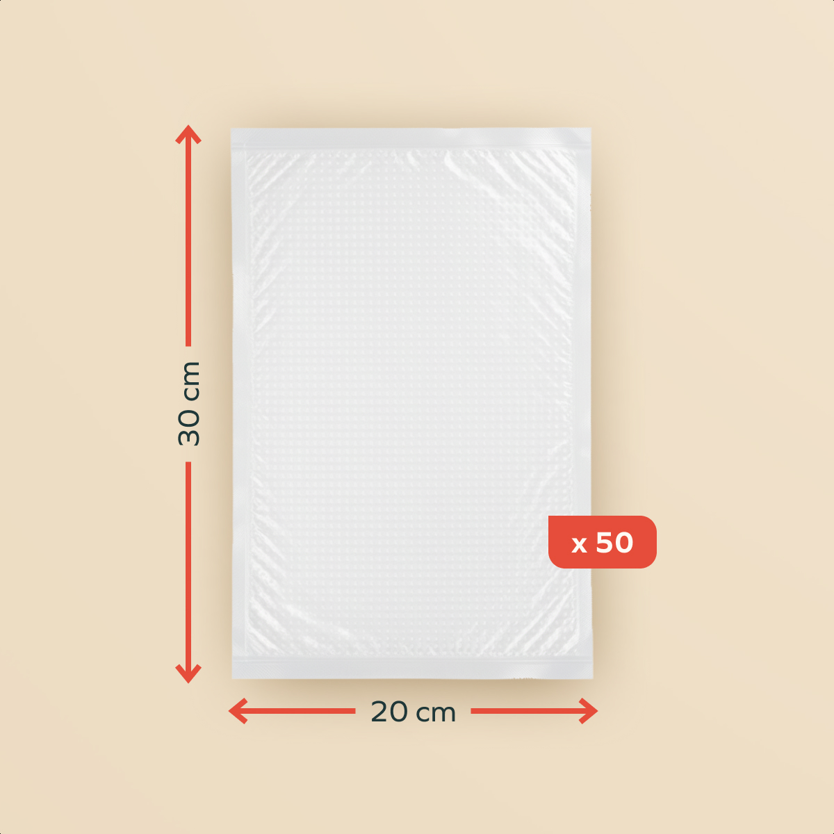 A white plastic bag, 30 cm x 20 cm, is shown. Red arrows indicate dimensions. Text shows 'x 50'.