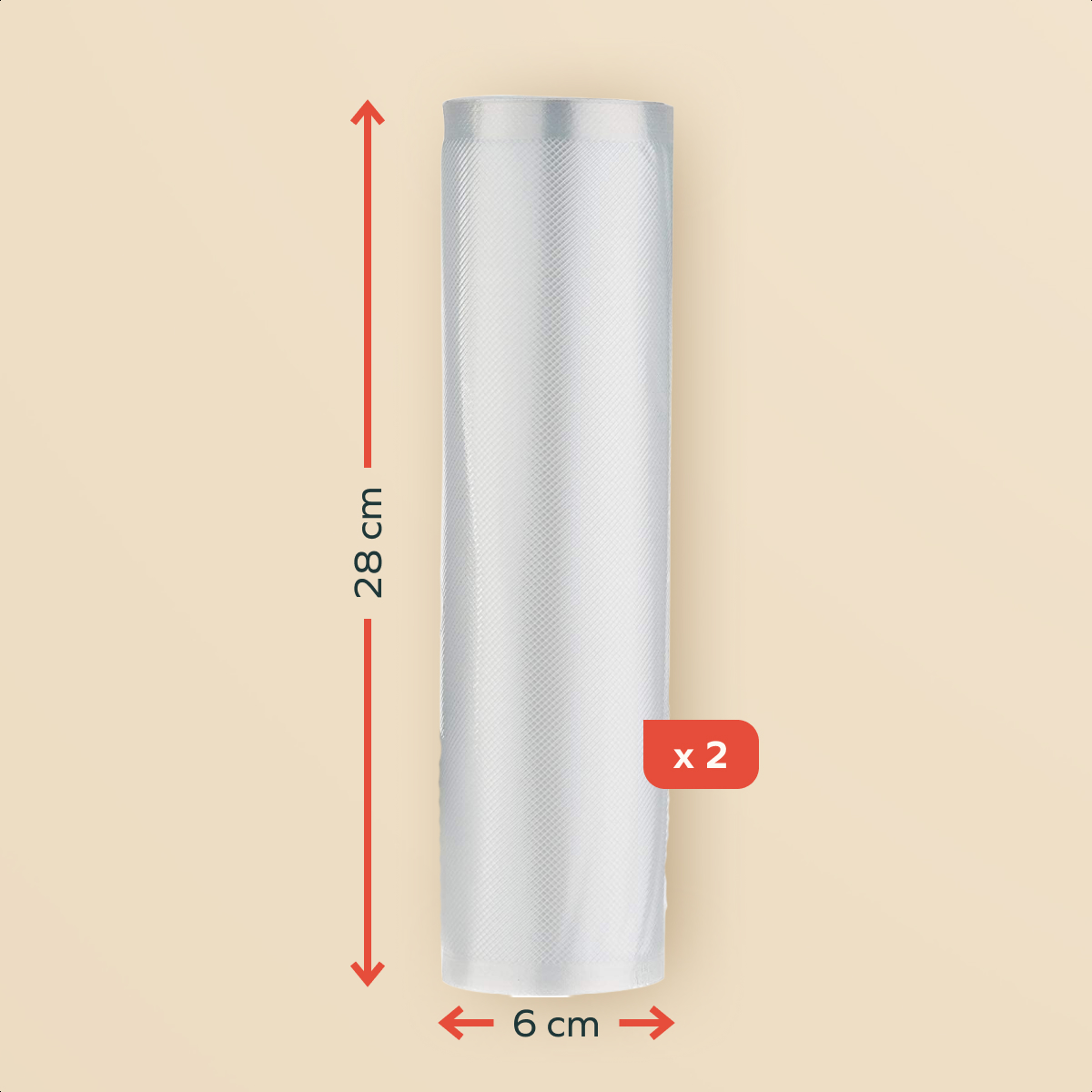 A clear vacuum sealer roll, 28 cm long and 6 cm wide, with a 'x 2' label. The background is a light beige color.
