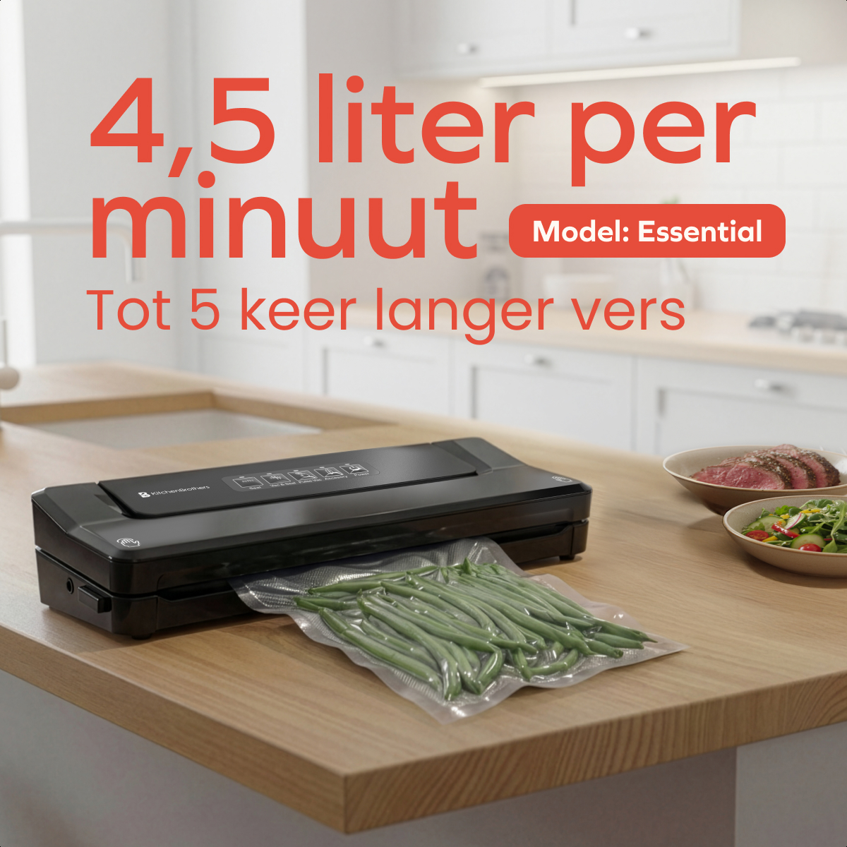 A black vacuum sealer on a wooden counter with a bag of green beans. Two plates with food are in the background.