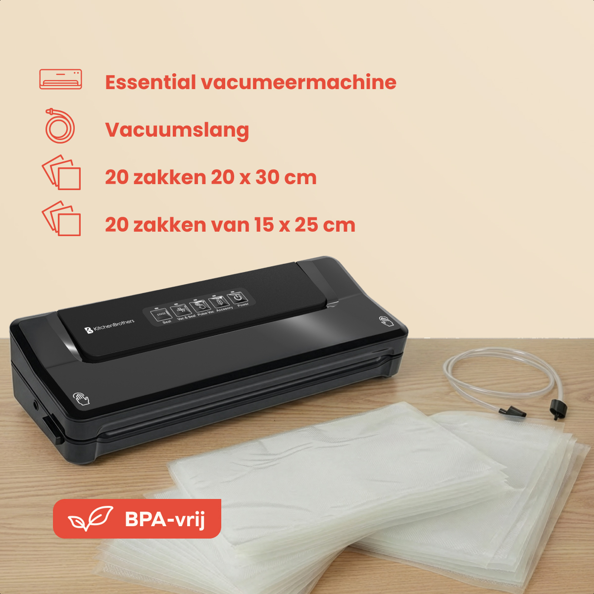 A black vacuum sealer with accessories and vacuum bags. Text labels describe items. The background is cream.