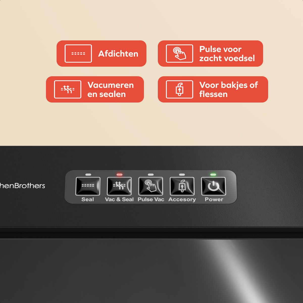 A food sealer with buttons for sealing, vacuuming, and specific food types. The control panel includes power and accessory options.