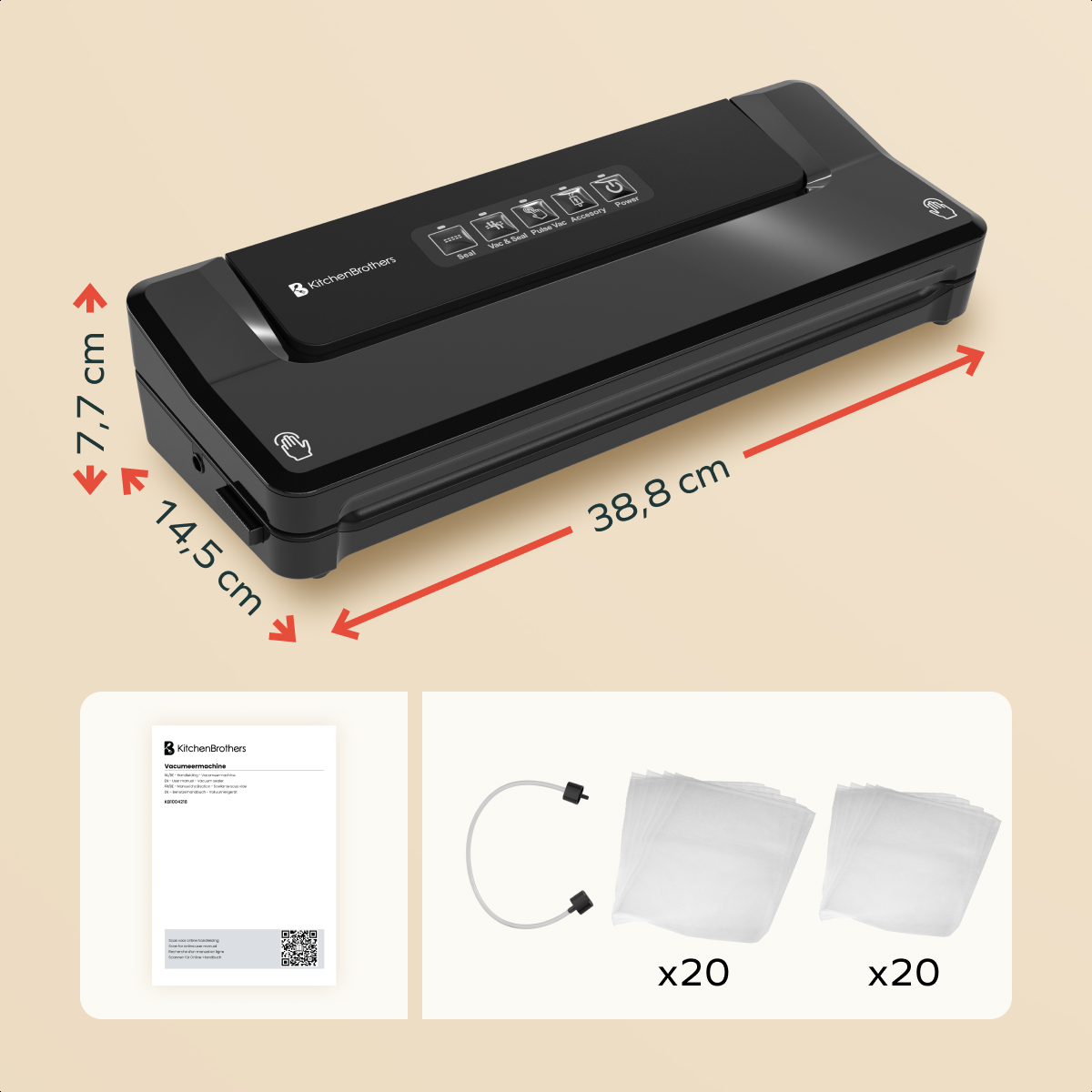 Black KitchenBrothers vacuum sealer with dimensions. Includes bags, tube, and paperwork on a beige surface.