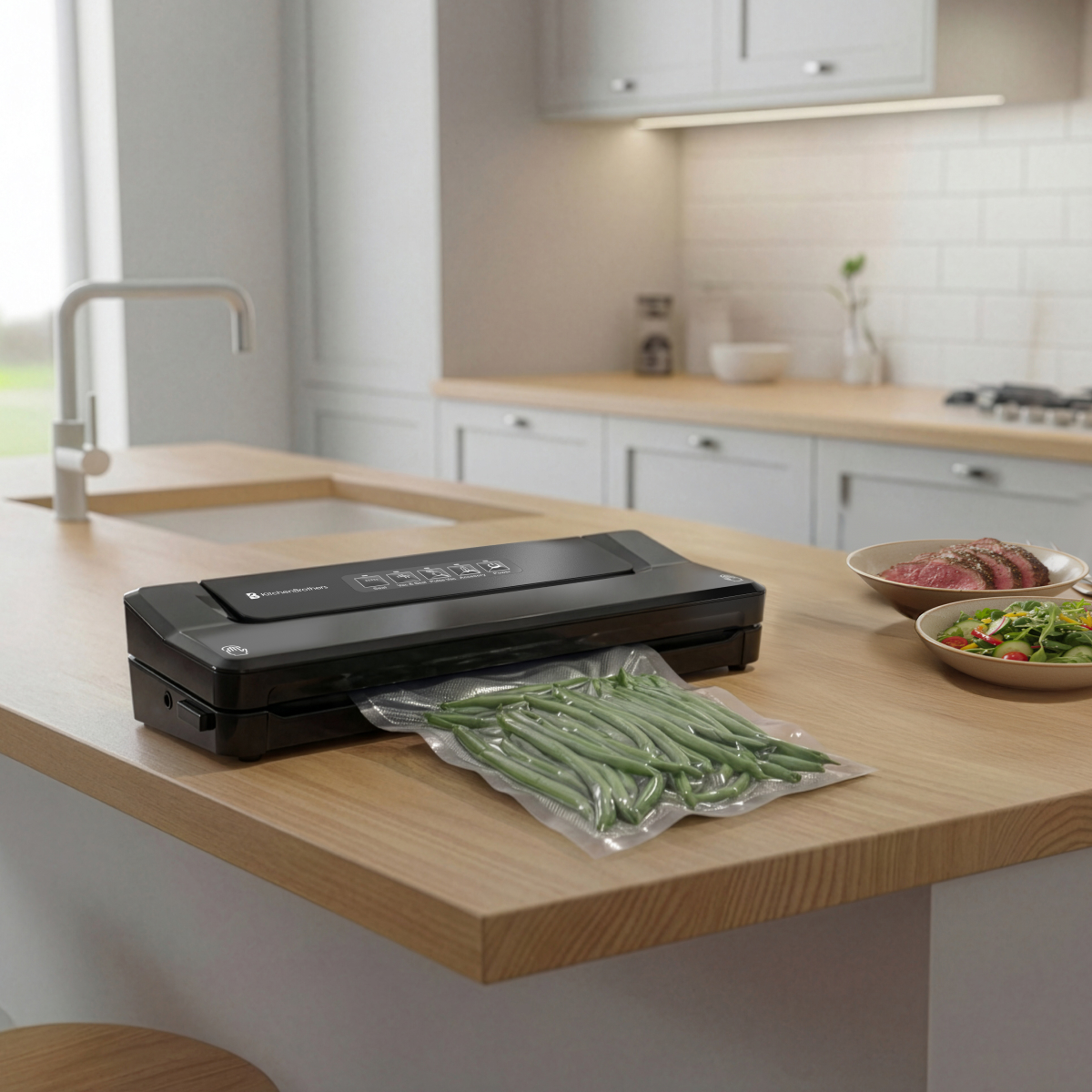 A kitchen scene features a black vacuum sealer sealing green beans. Dishes with steak and salad are on the wooden counter.