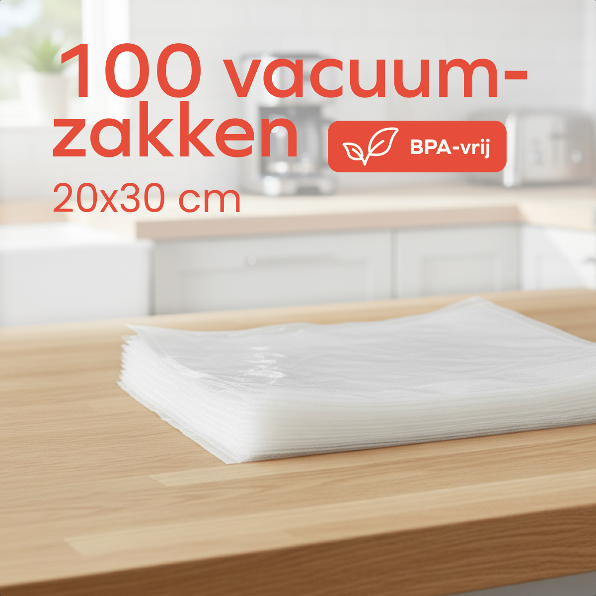 A stack of clear vacuum bags on a wooden countertop. Text in red indicates 100 bags, BPA-free, and dimensions.