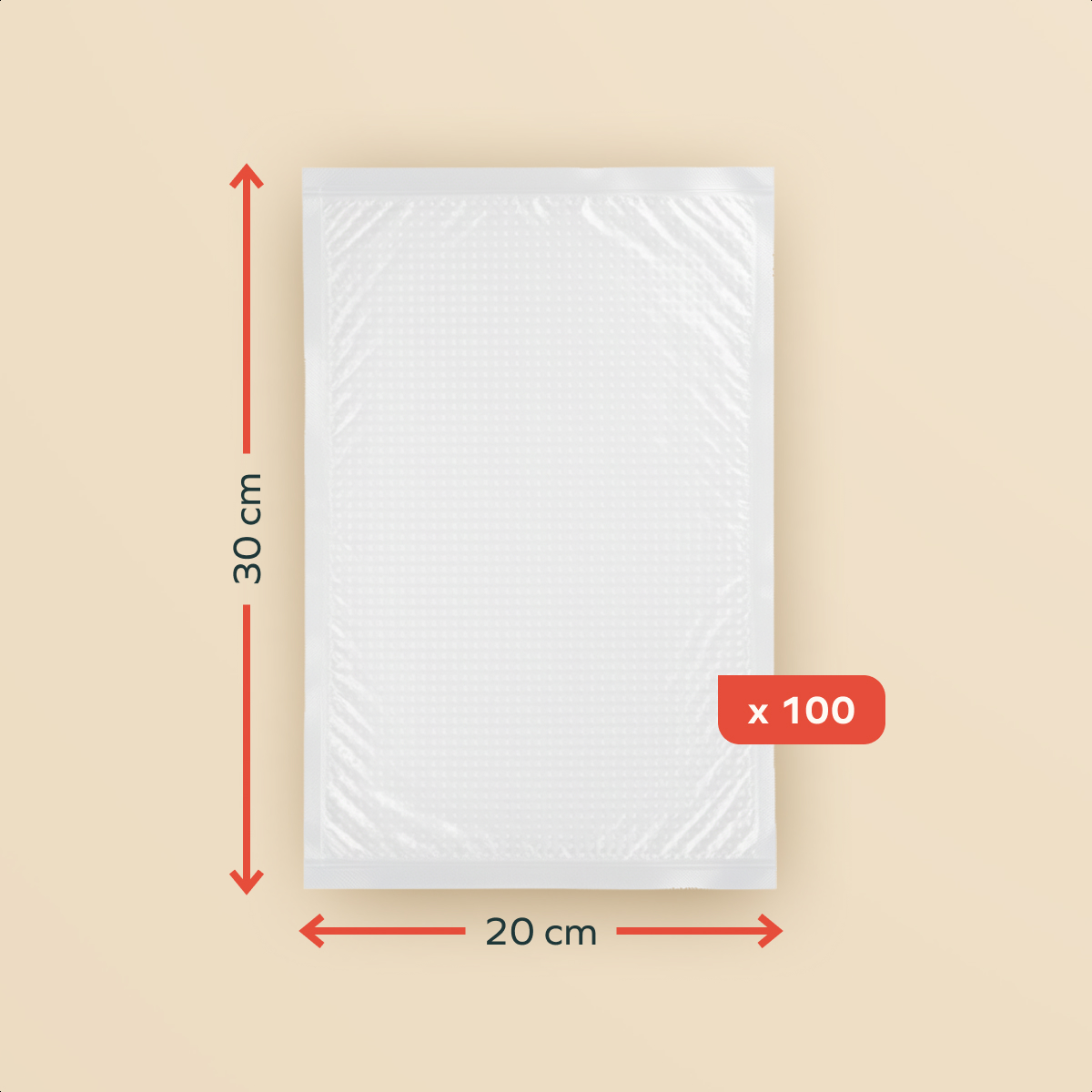 White plastic packaging, 30cm high, 20cm wide, with 'x 100' label. On a beige background. Dimensions are indicated with red arrows.