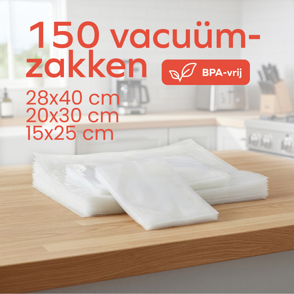 A stack of clear vacuum bags sits on a wooden surface. Red text reads '150 vacuum bags', and dimensions: 28x40 cm, 20x30 cm, 15x25 cm.