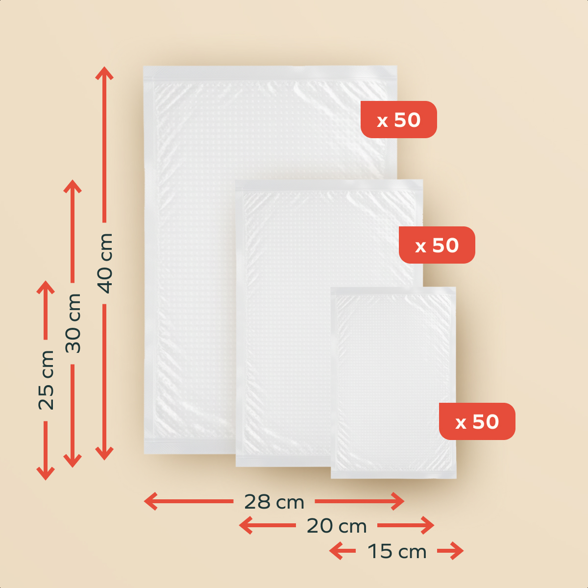 Three white plastic bags of different sizes, with dimensions and quantity (x50) labels. Measurements and arrows are shown.