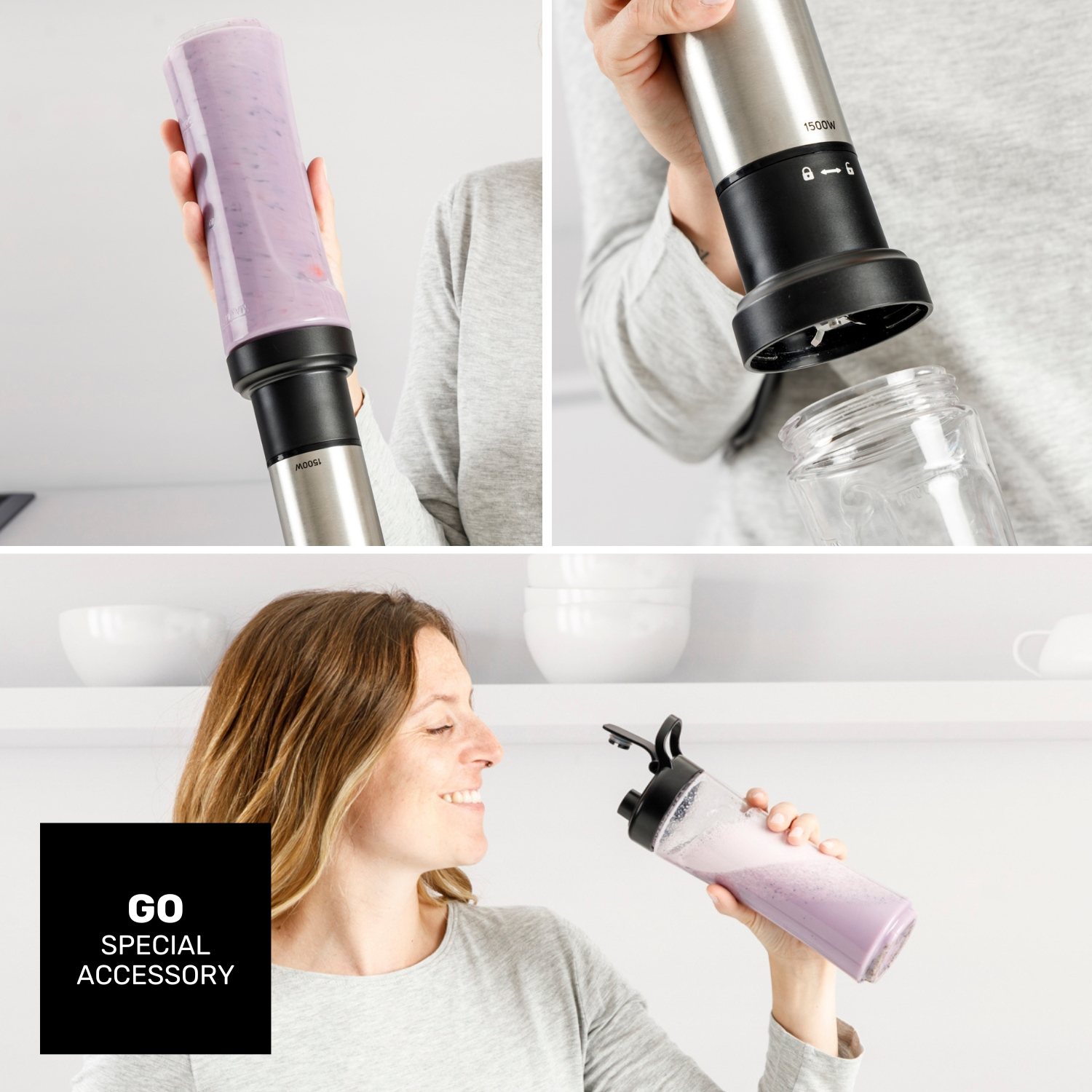 Una mujer sosteniendo una licuadora con batido. También muestra diferentes pasos de uso de la licuadora y una etiqueta 'Accesorio especial'.