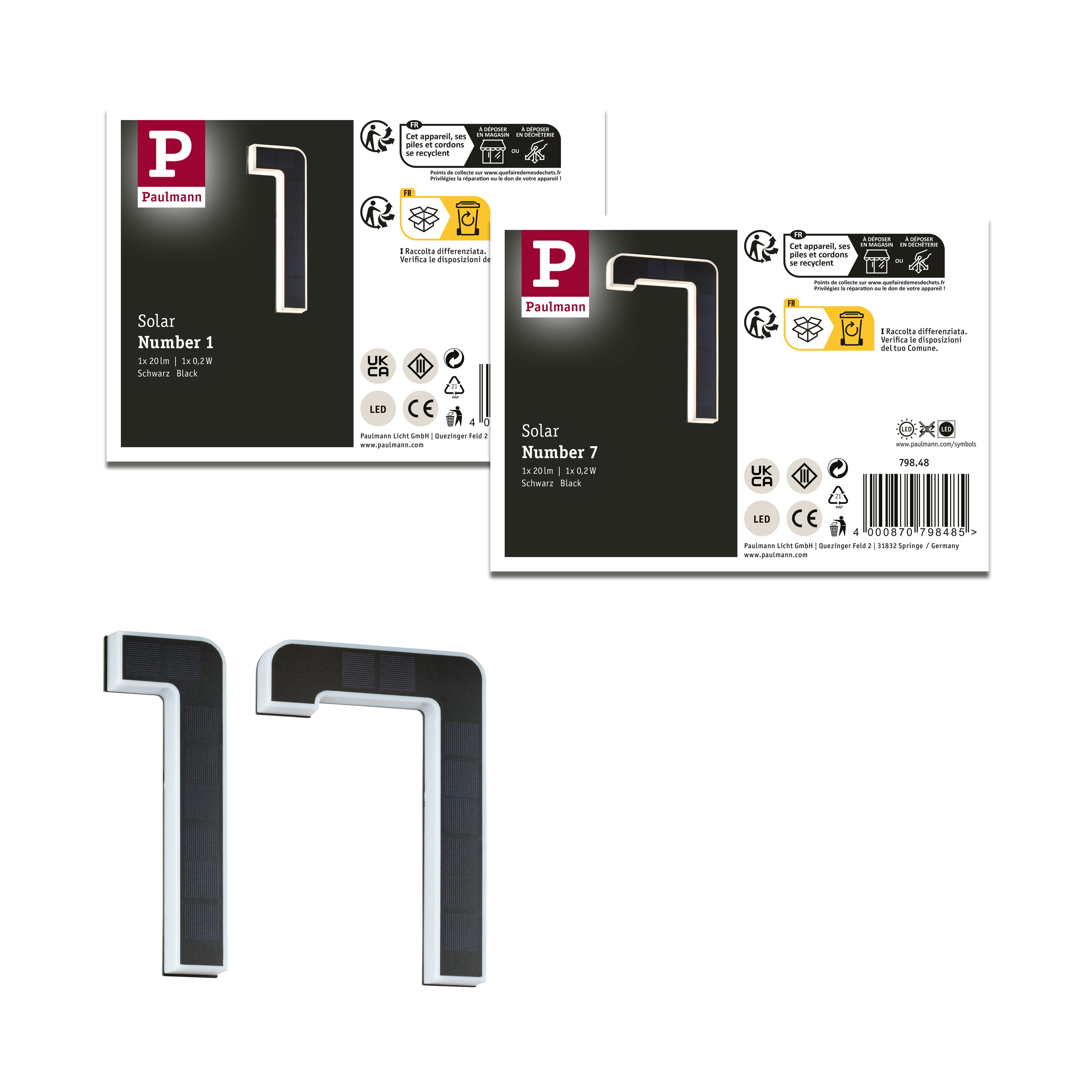 Dwie lampy solarne z numerami '1' i '7'. Każda ma czarny panel słoneczny. Opakowanie z informacjami o recyklingu po prawej.