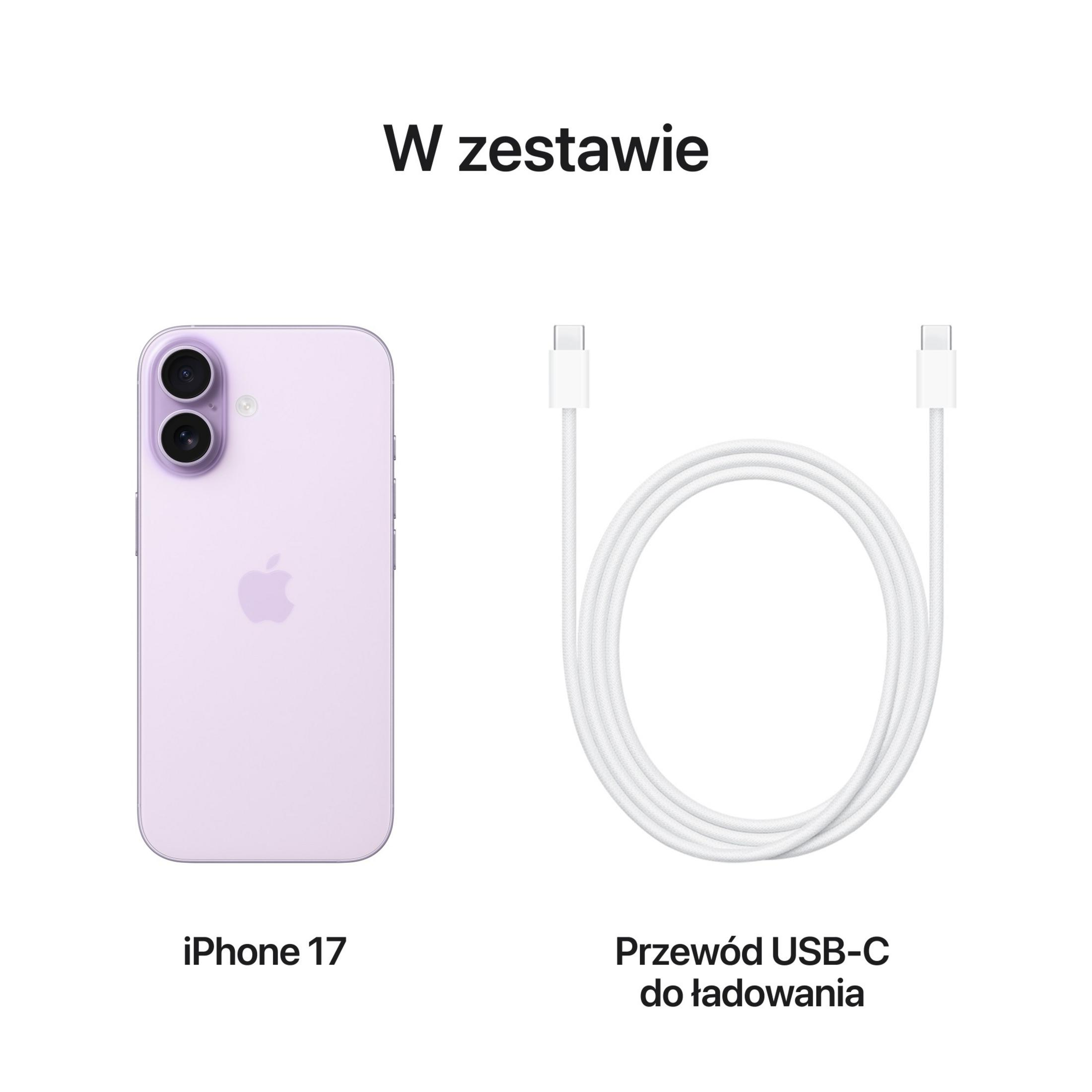 Ein lila iPhone 17 und ein weißes USB-C-Ladekabel werden auf weißem Hintergrund angezeigt. Polnischer Text lautet 'W zestawie'.