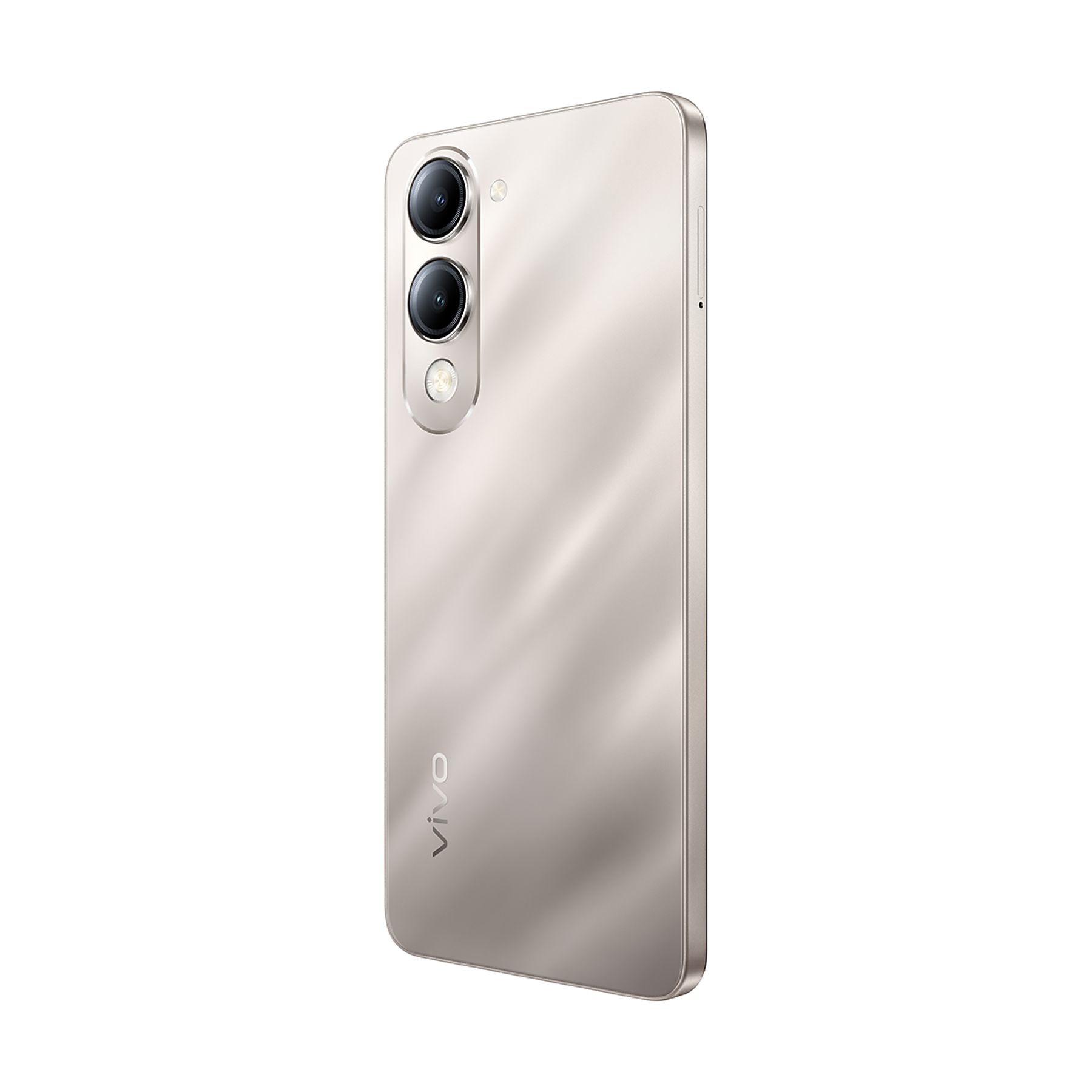 Beyaz bir arka plan üzerinde üçlü kamera lensine sahip bej bir akıllı telefon görüntüleniyor, Vivo logosu görünüyor.