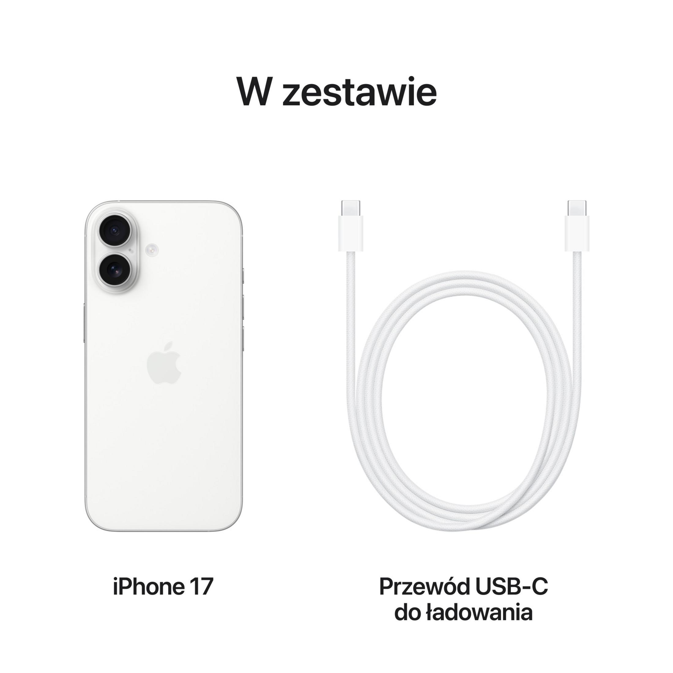 Weißes iPhone 17 und USB-C-Ladekabel auf weißem Hintergrund. Text 'W zestawie' darüber.