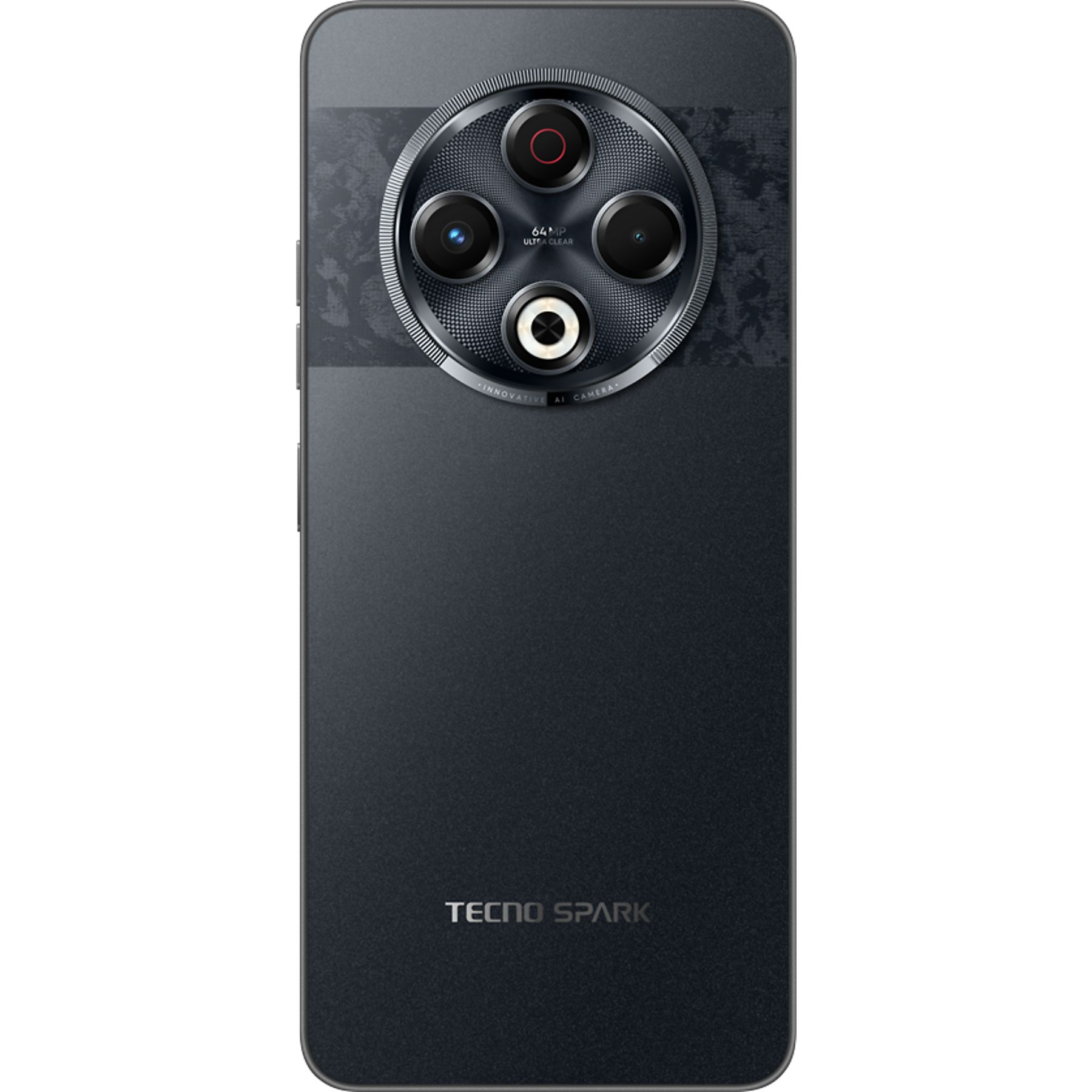 Çoklu kamera lensli ve TECNO SPARK yazılı siyah akıllı telefon arkası. Bir daire içinde çeşitli lensler var.