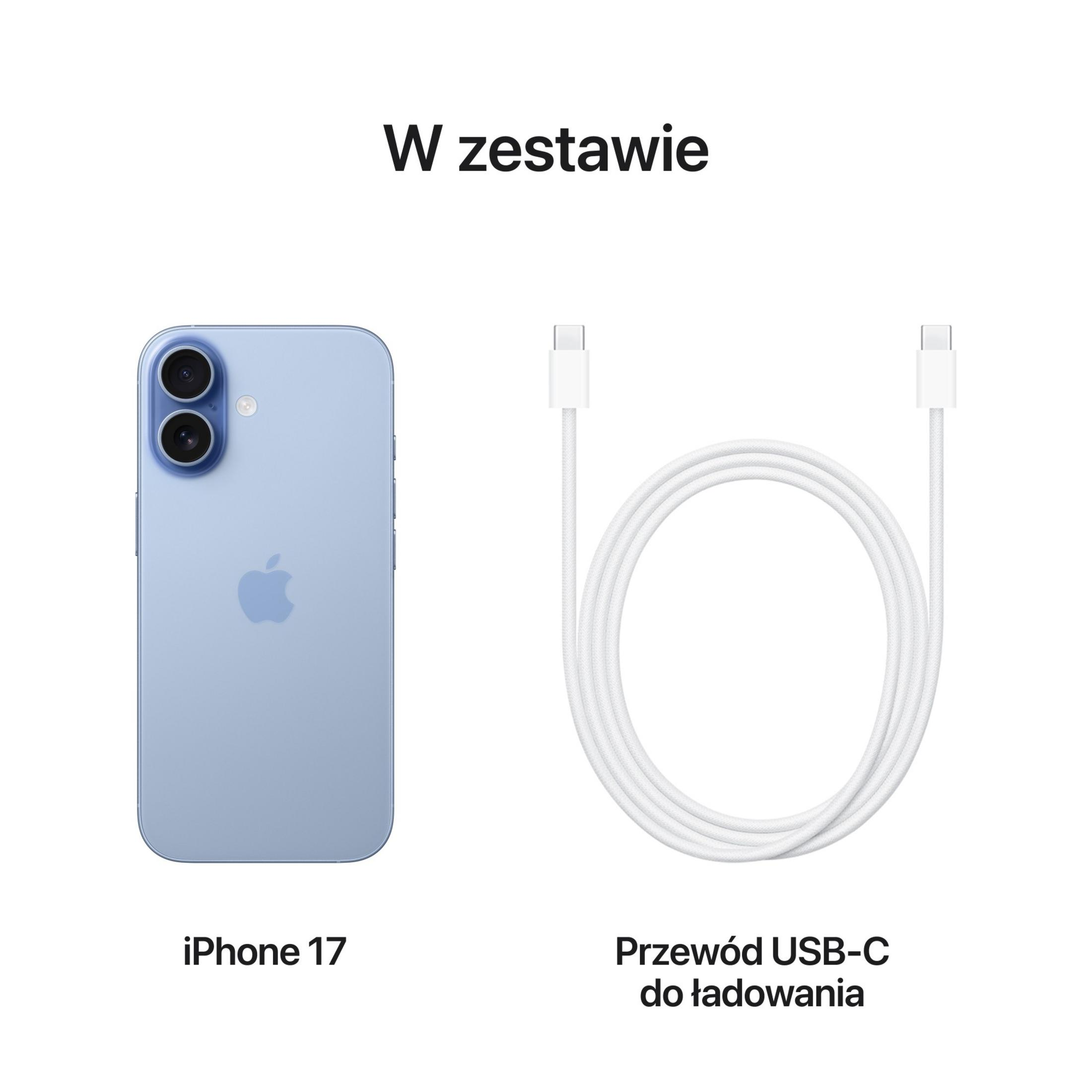 Ein hellblaues iPhone 17 und ein weißes USB-C-Ladekabel auf weißem Hintergrund. Polnischer Text ist ebenfalls vorhanden.