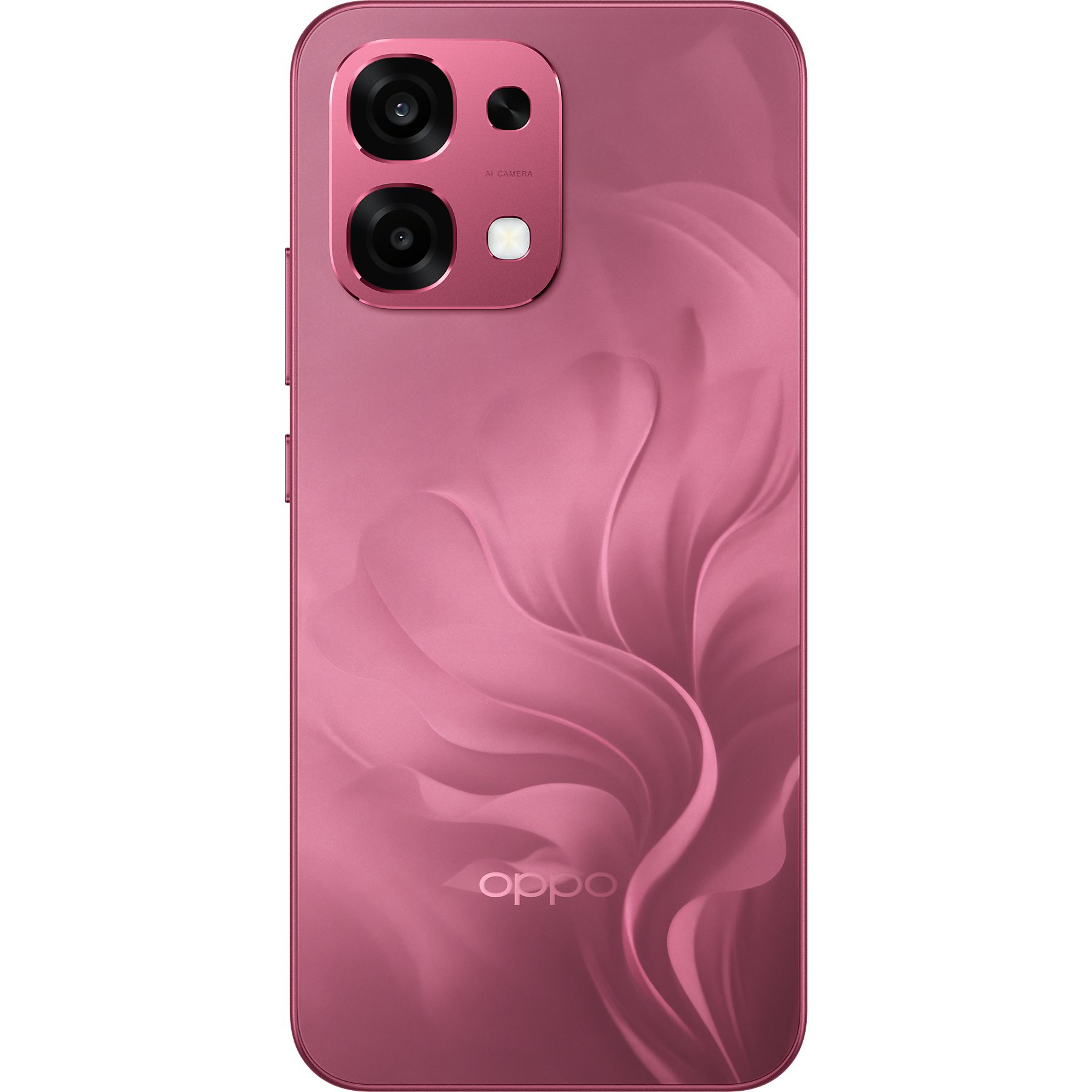 Pembe bir Oppo akıllı telefon. Birden fazla kamerası ve arkasında dalgalı bir desen var.