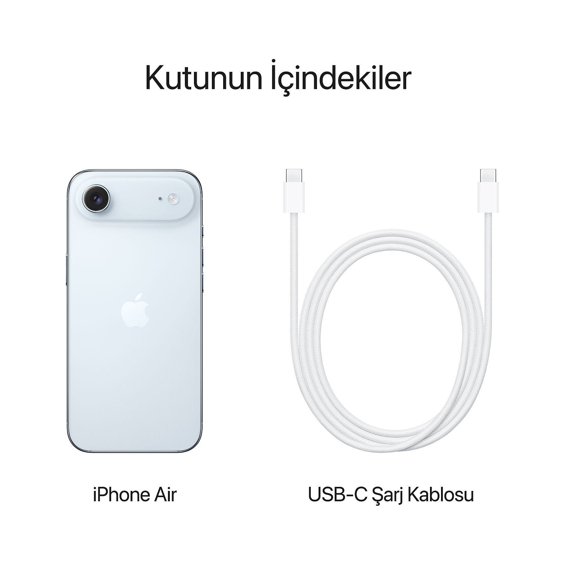 Obraz przedstawia iPhone'a Air i kabel ładujący USB-C. Oba są białe. Turecki tekst mówi: 'Co jest w pudełku'.