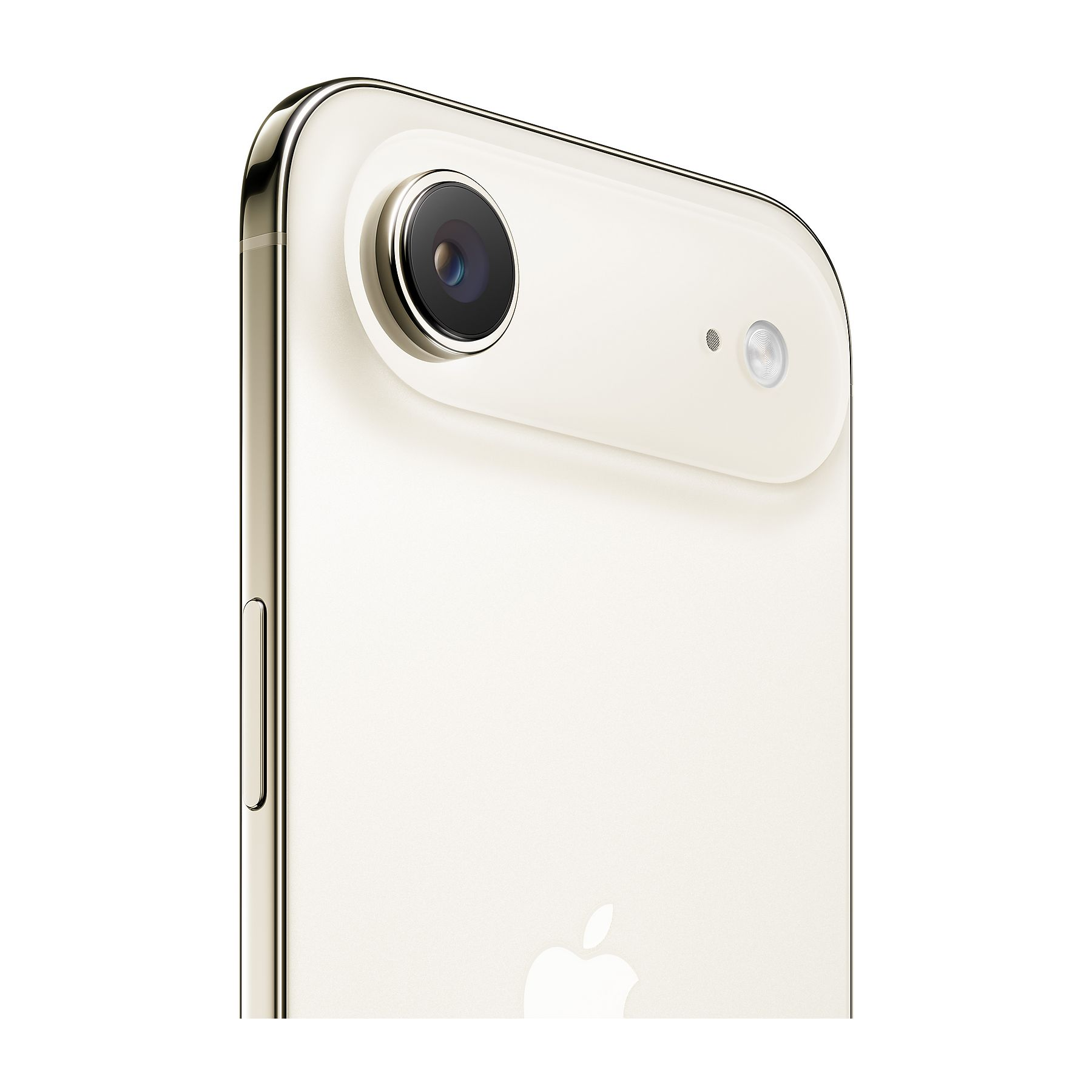 Zbliżenie na tył kremowego smartfona. Posiada aparat, lampę błyskową i logo Apple. Telefon ma złotą ramkę.