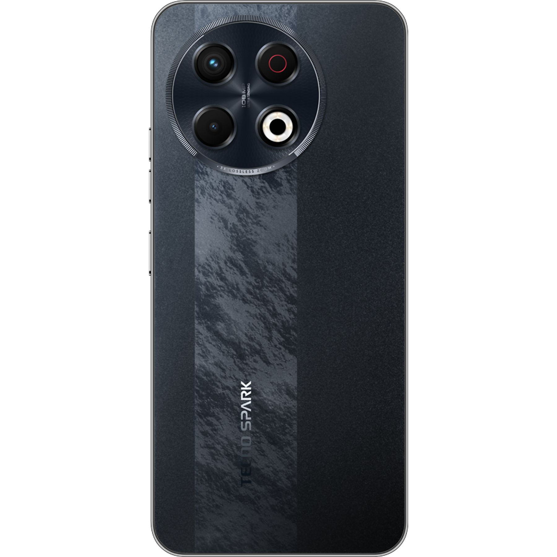 Birden fazla kamerası olan siyah akıllı telefon arkası. TECNO SPARK marka adı görünür.
