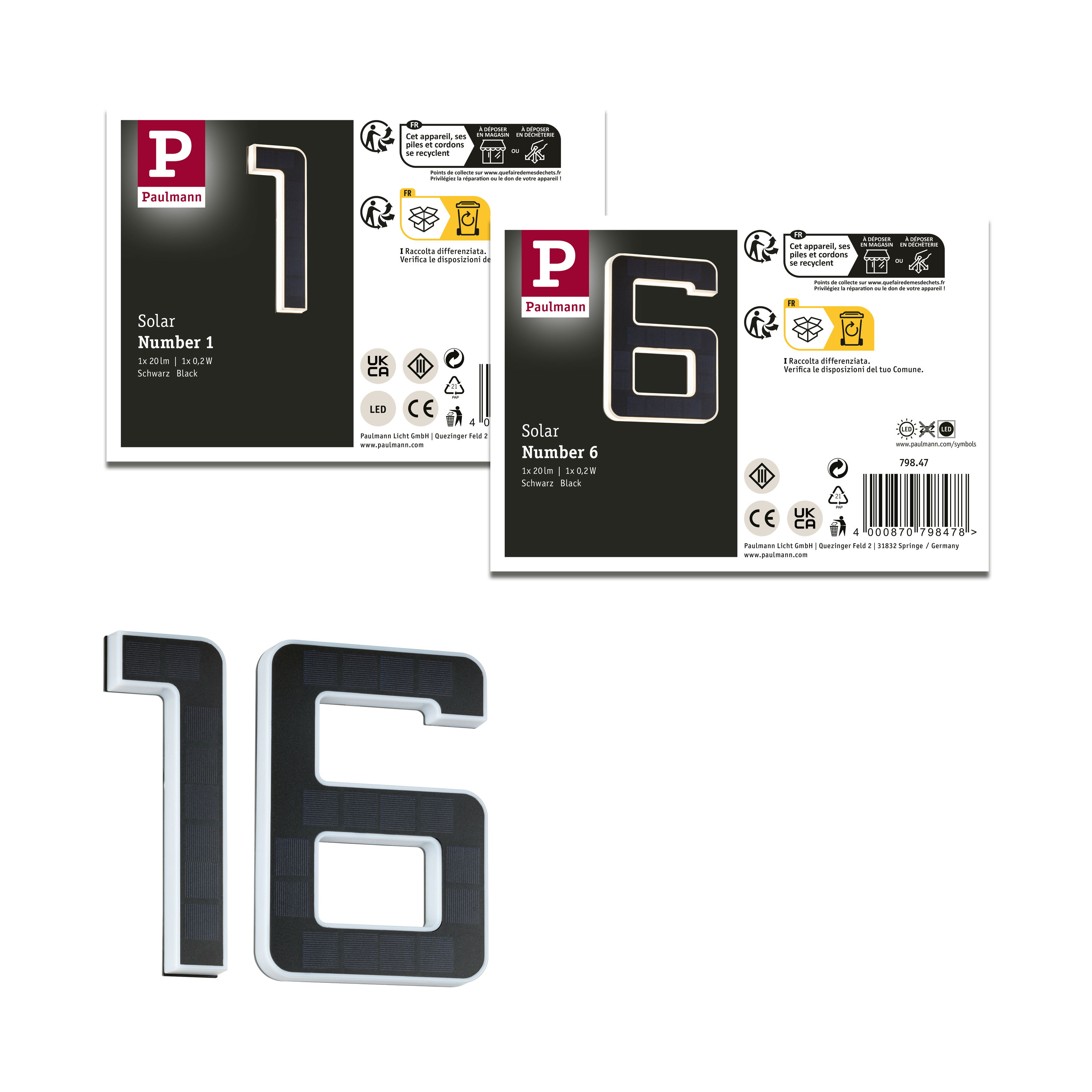 Obraz przedstawia liczby 1 i 6, z białą ramą i czarnymi panelami słonecznymi oraz informacjami o produkcie.