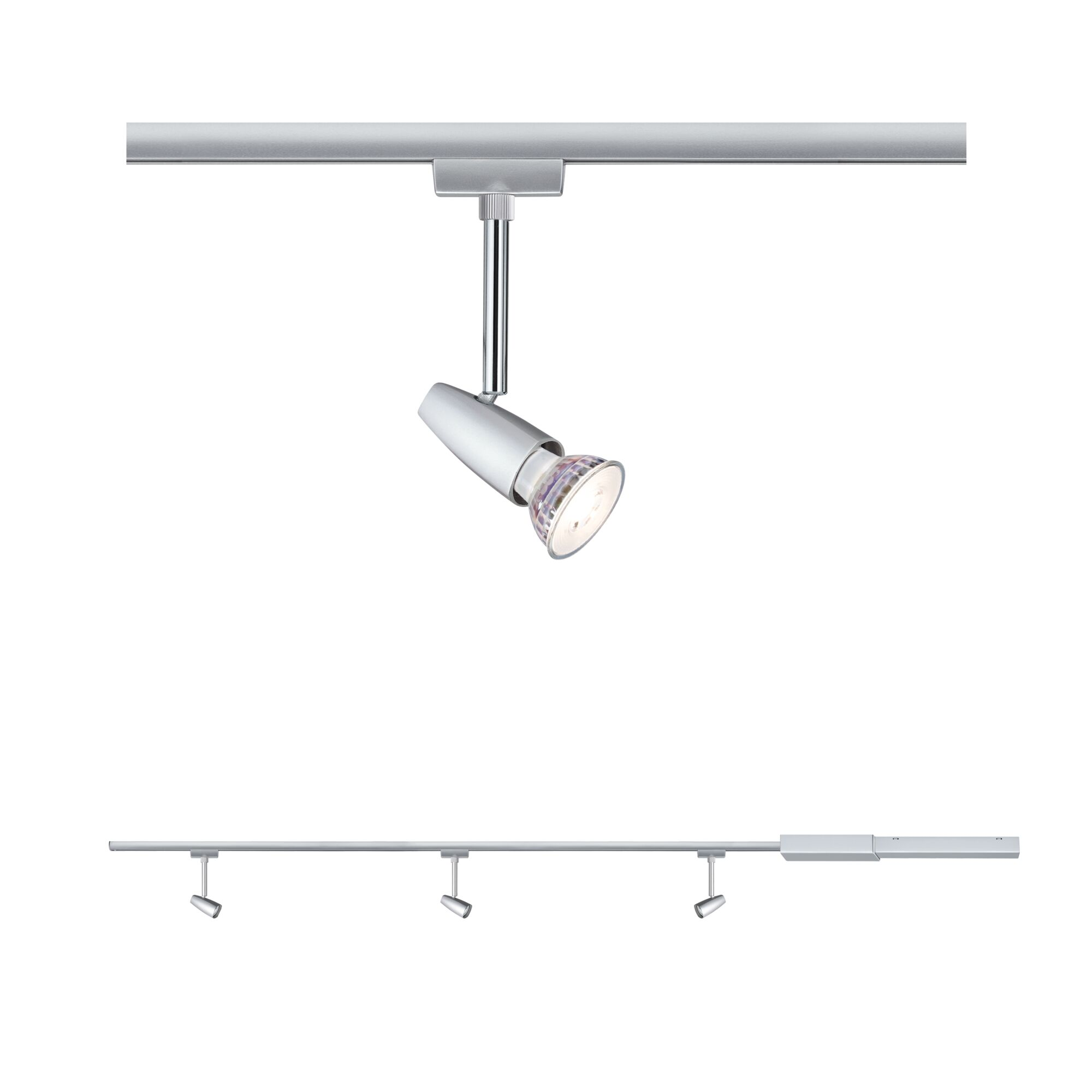 Biały system oświetlenia szynowego z wieloma reflektorami. Jeden reflektor wisi. Pozostałe trzy są poniżej, ustawione poziomo.