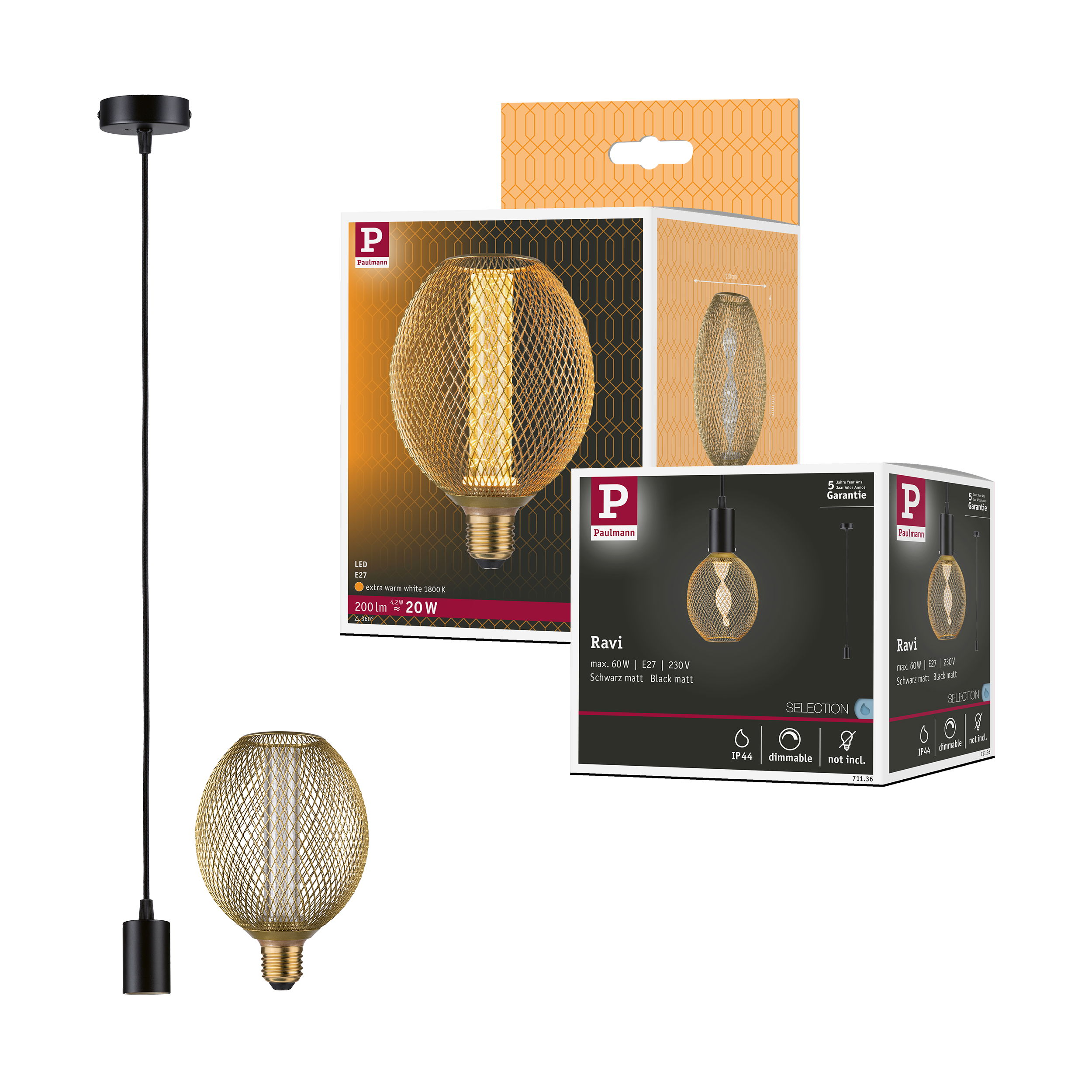 Eine Pendelleuchte mit einer goldenen Metallgitterglühbirne, einem schwarzen Kabel und Verpackung.