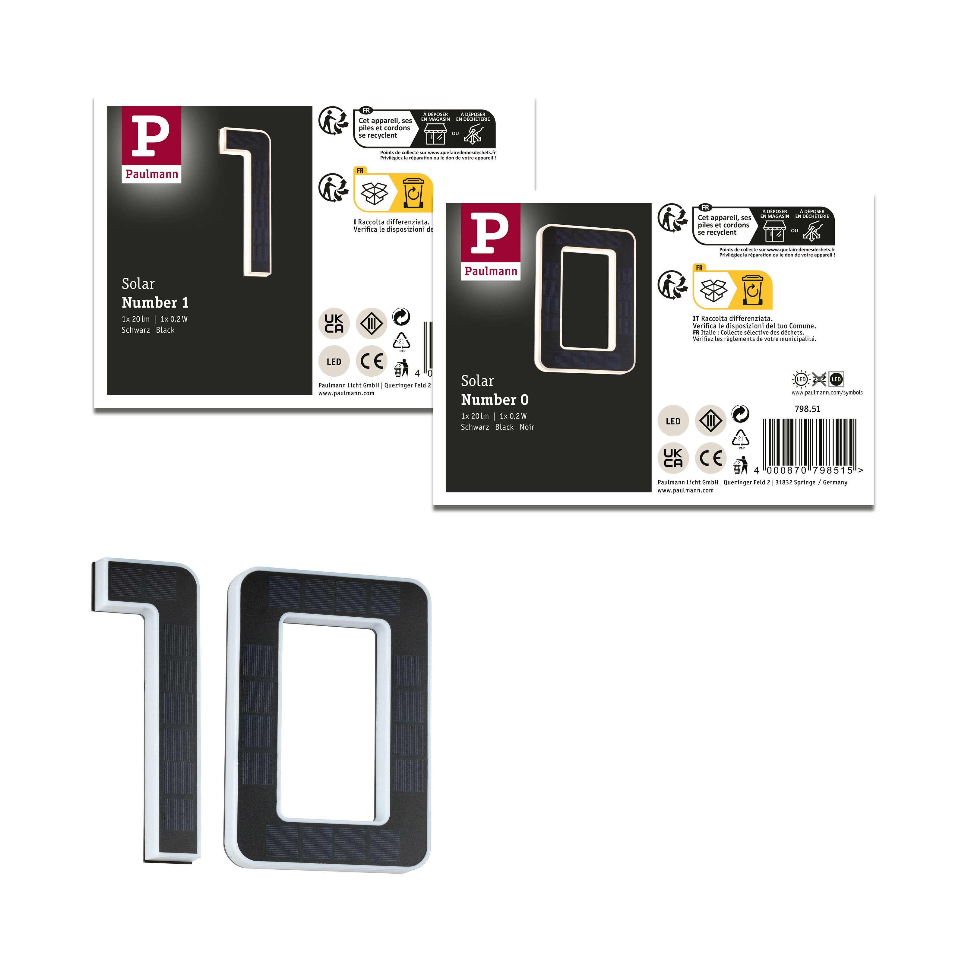 Obraz przedstawia cyfry '1' i '0' z panelami słonecznymi i szczegółami produktu.