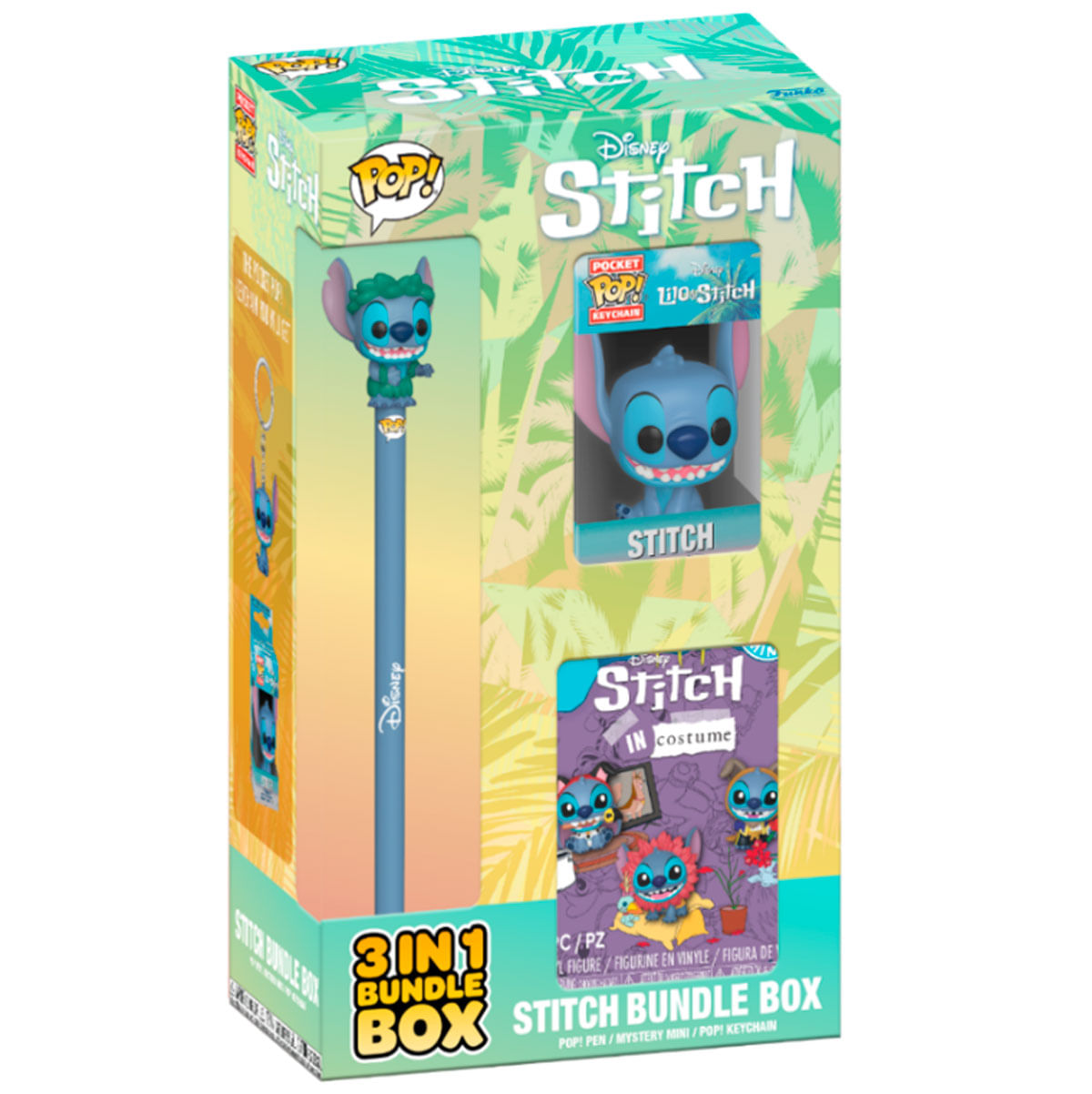 Una caja de paquete 3 en 1 de Stitch. Incluye un bolígrafo con una figura de Stitch, un llavero de Stitch y una figura de Stitch.