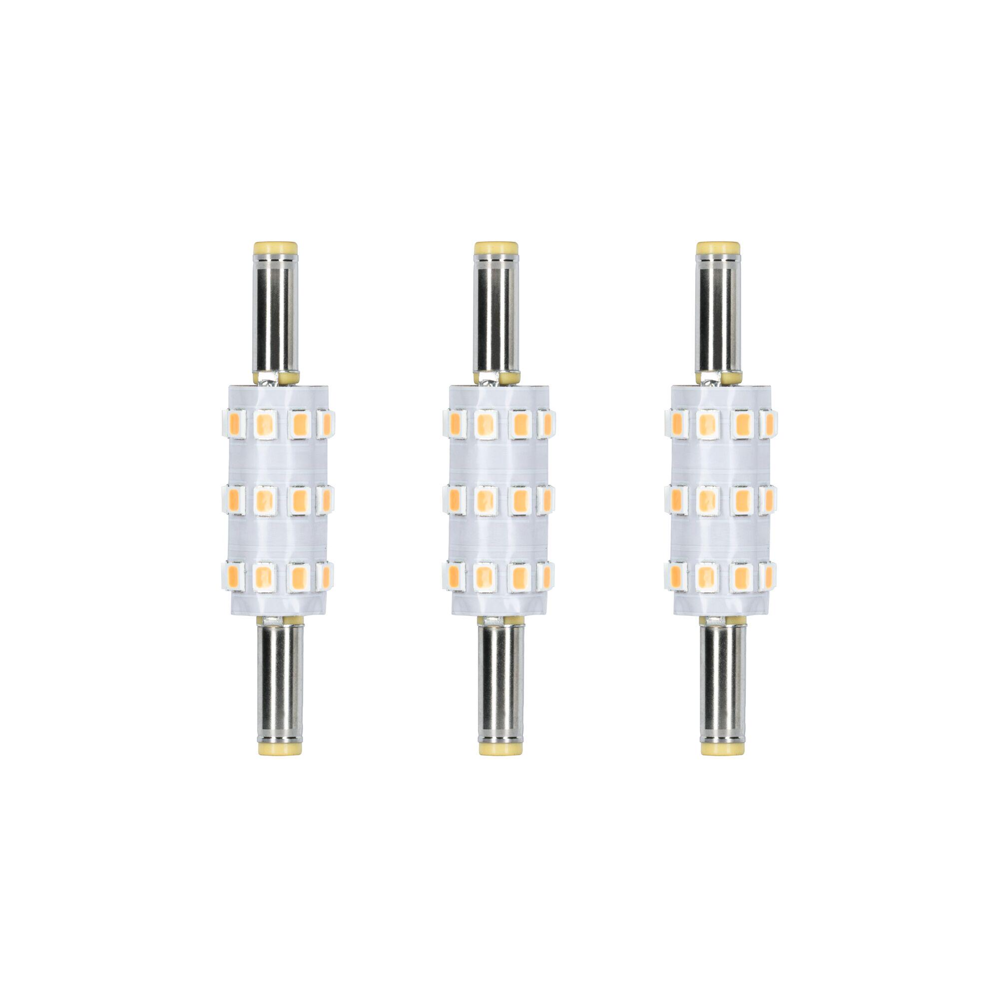 Trzy żarówki LED na białym tle. Każda ma srebrną podstawę, biały korpus i bursztynowe światła.