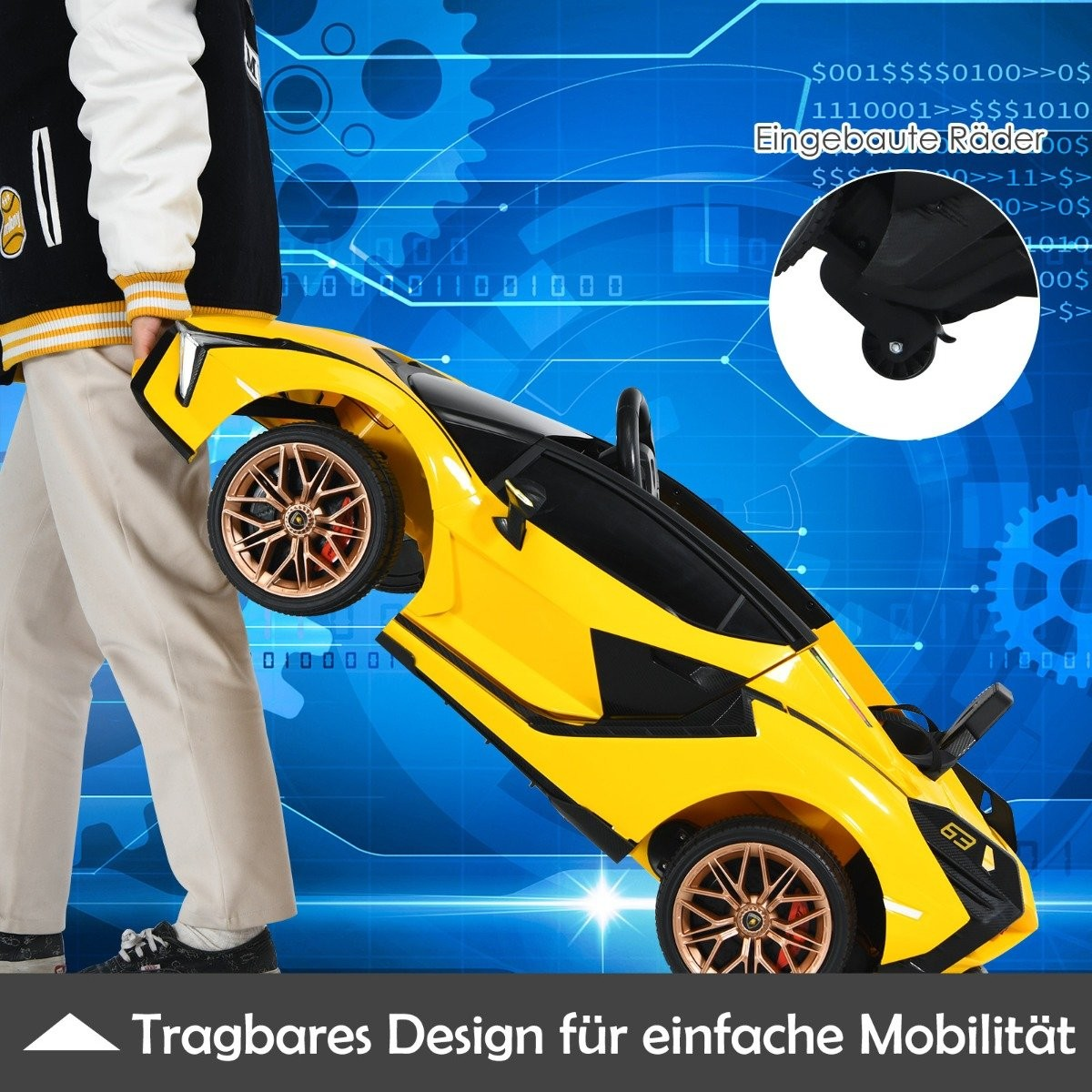 Una persona sosteniendo un coche de juguete amarillo con detalles negros. El coche tiene llantas doradas y está sobre un fondo azul.