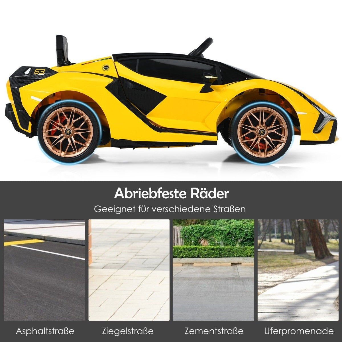 Un coche de juguete amarillo con detalles negros y ruedas bronce. Debajo, imágenes de superficies viales: asfalto, ladrillo, cemento y un paseo marítimo.