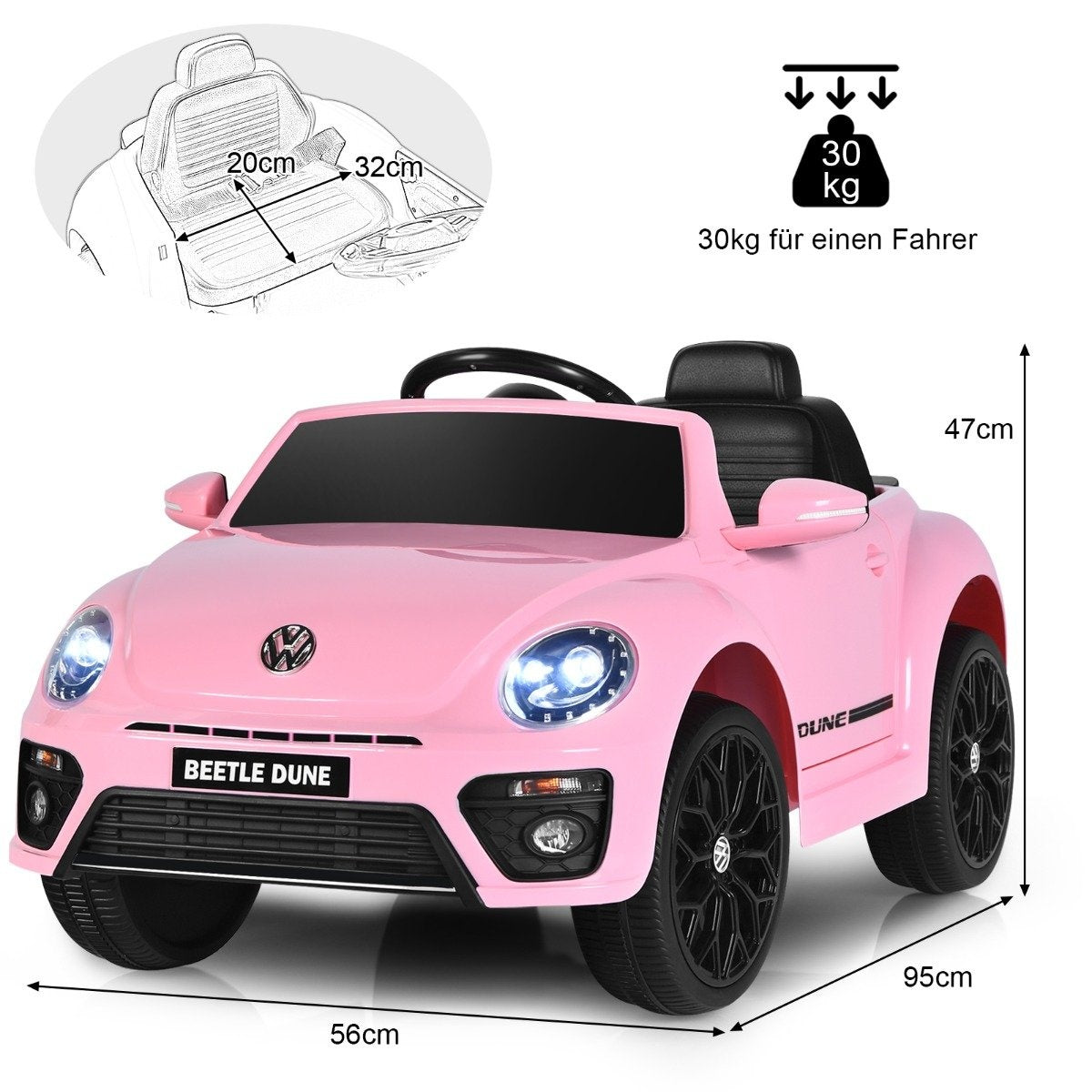 Un coche de juguete rosa Beetle Dune con ruedas negras, asiento negro y dimensiones etiquetadas. Incluye un límite de peso de 30 kg.