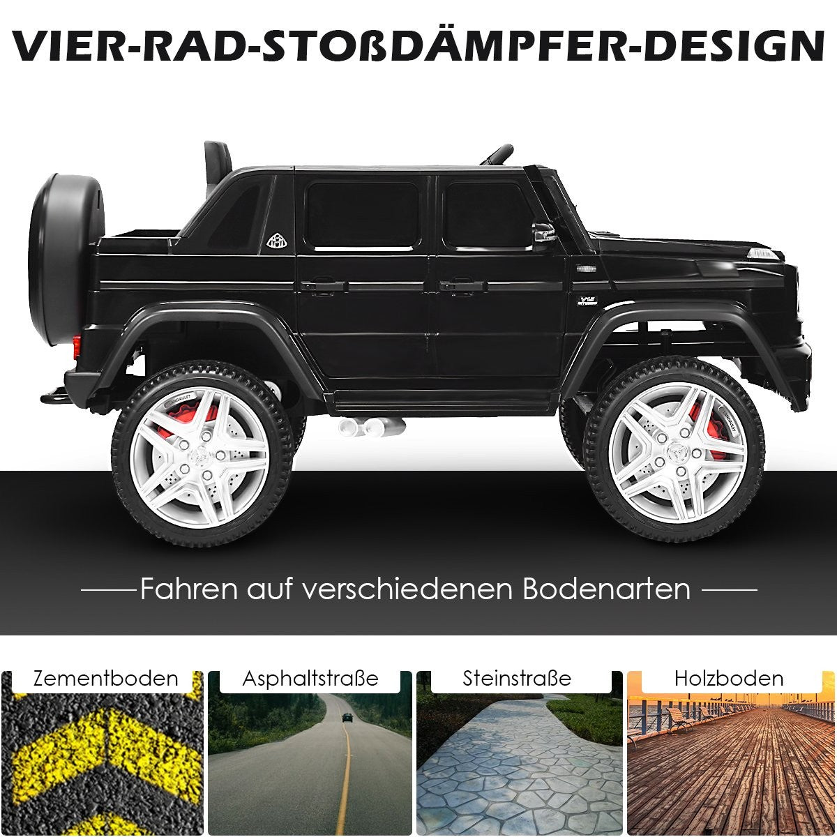 Coche de juguete negro de cuatro ruedas, texto "VIER-RAD-STOBDÄMPFER-DESIGN". Debajo hay imágenes de diferentes superficies de carretera.