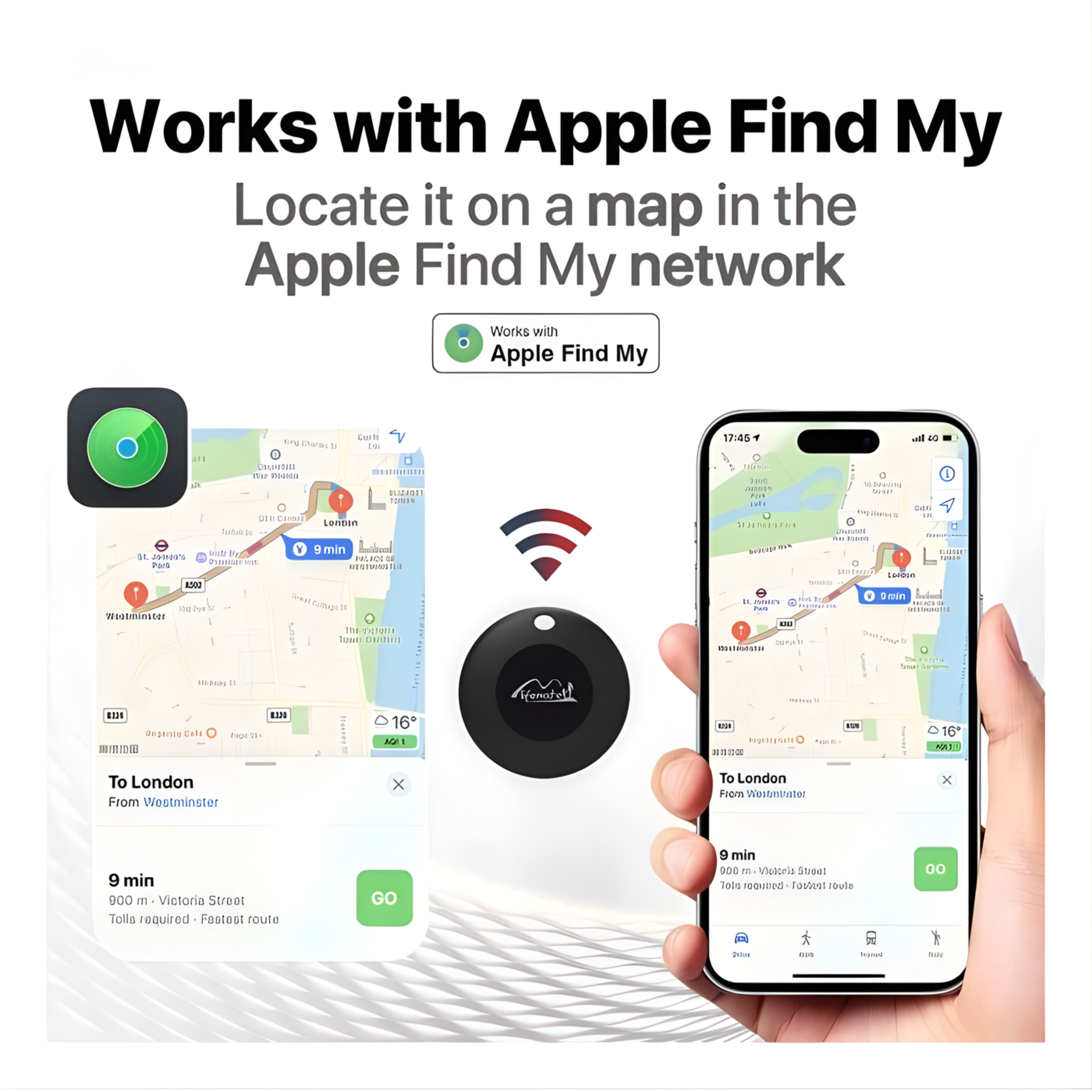 Image shows an Apple Find My ad. It has a map, phone, and a tracking device. Text says 'Works with Apple Find My'.