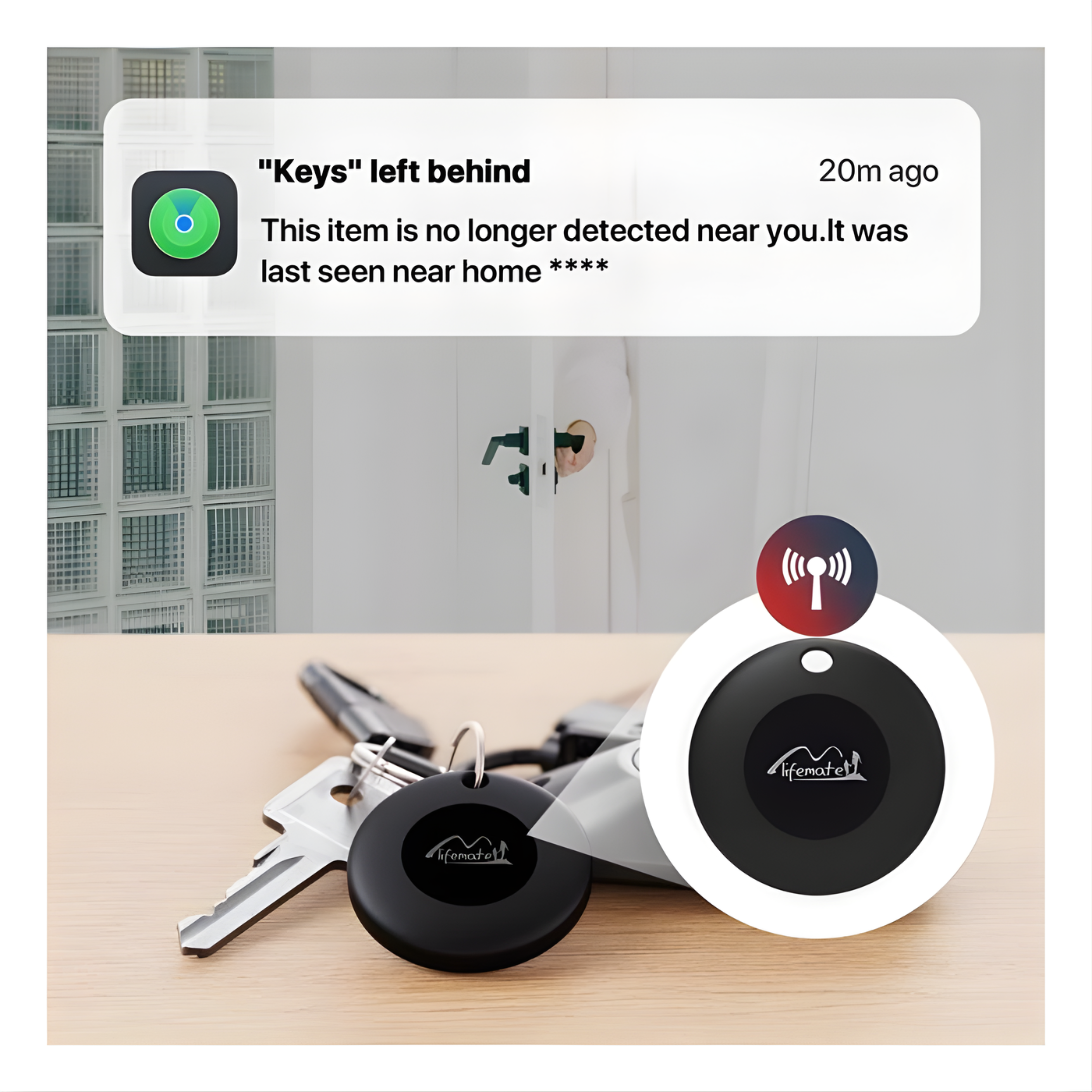 Keys and key tracker on a table. Notification: Keys left behind. Black and white key tracker. Door in background.
